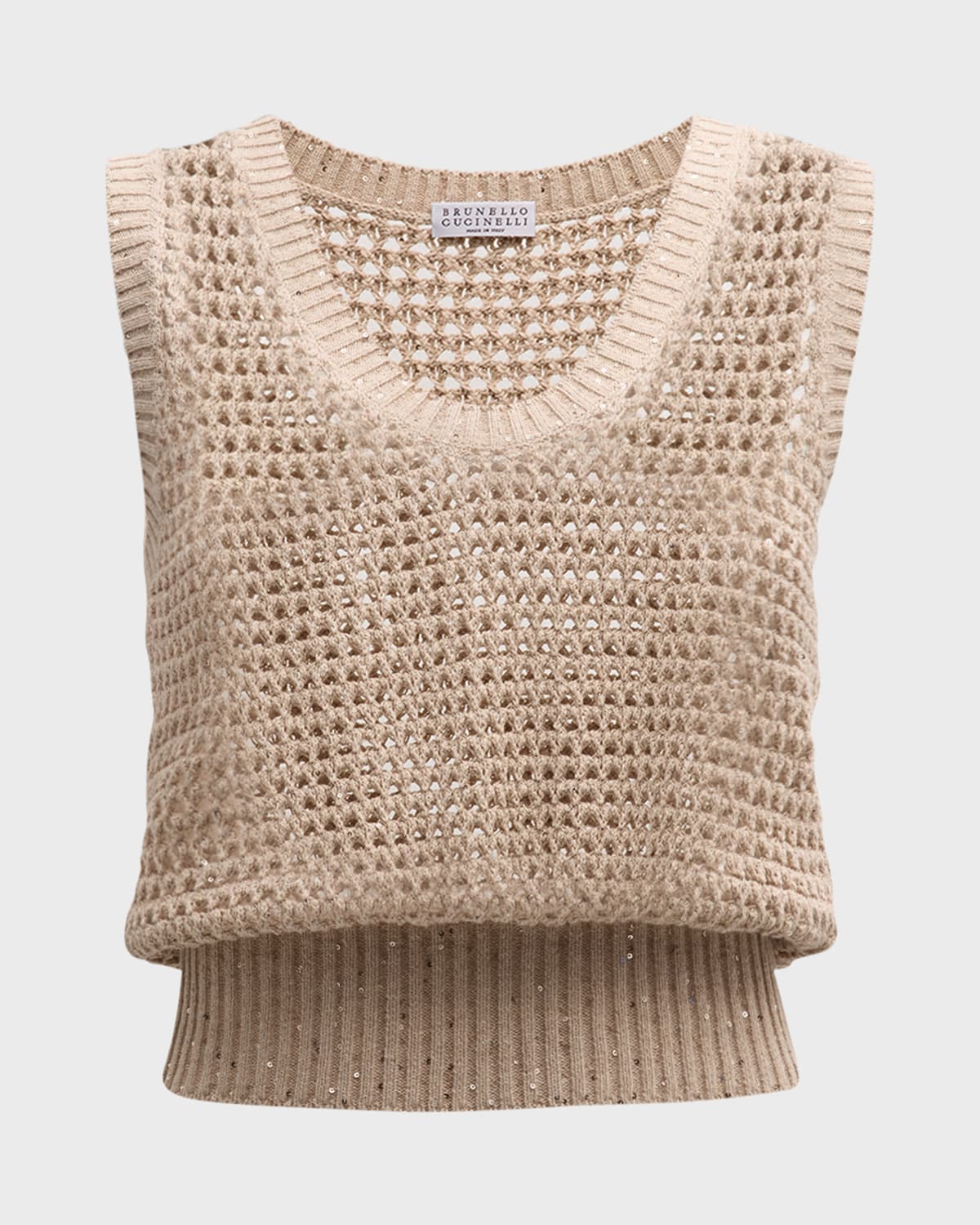 Shop Brunello Cucinelli Open-knit Tank Top With Sequin Detail In C059 Light Brown