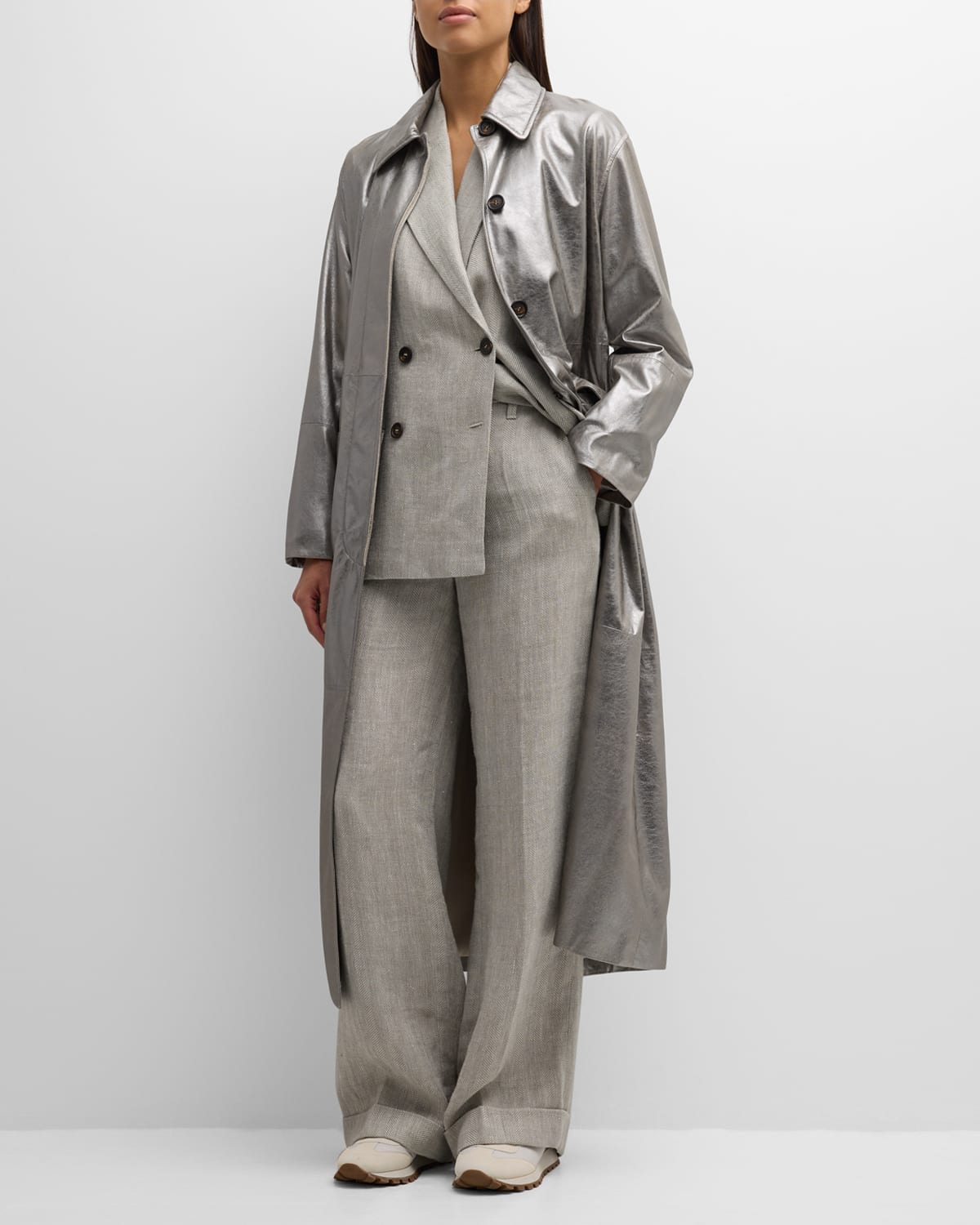 Brunello Cucinelli Mettallic Leather Belted Long Trench Coat In C8050 Steel