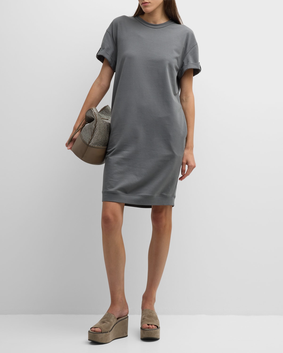 Shop Brunello Cucinelli Cotton Felpa T-shirt Dress With Monili Sleeve Detail In C7963 Charcoal