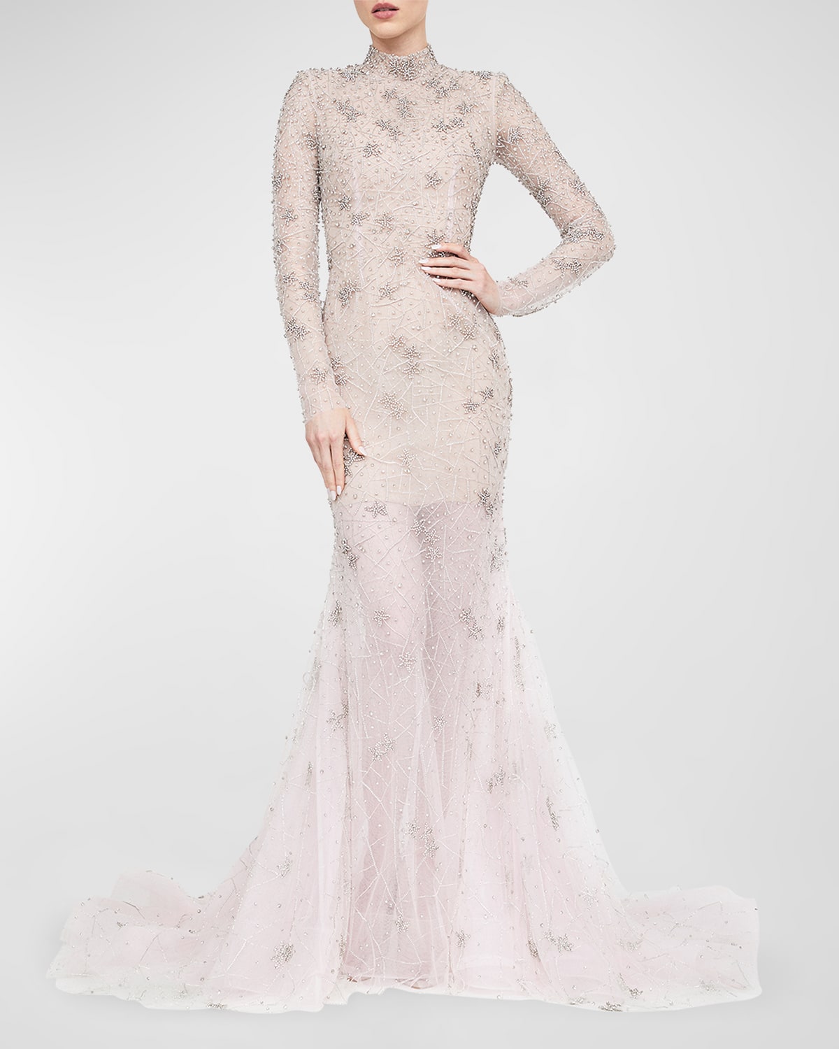 Sonia Beaded Mock-Neck Long-Sleeve Trumpet Gown
