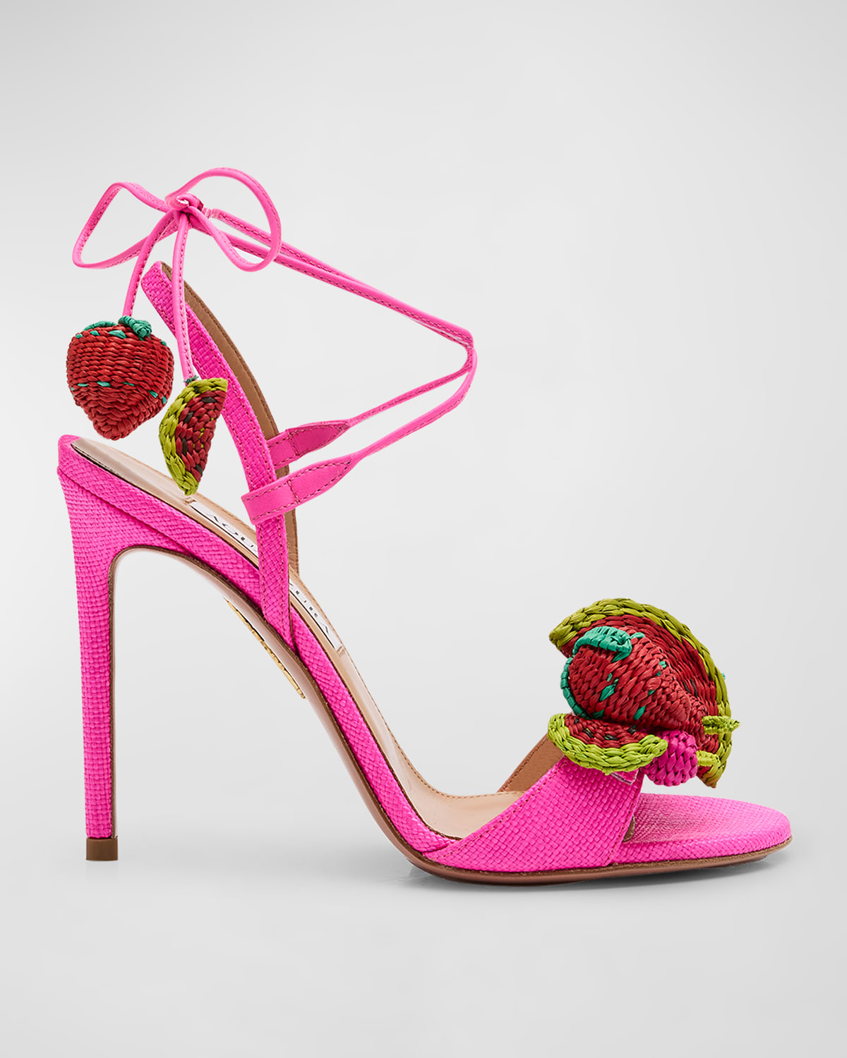 Shop Aquazzura Strawberry Punch Raffia Ankle-tie Sandals In Ultra Pink