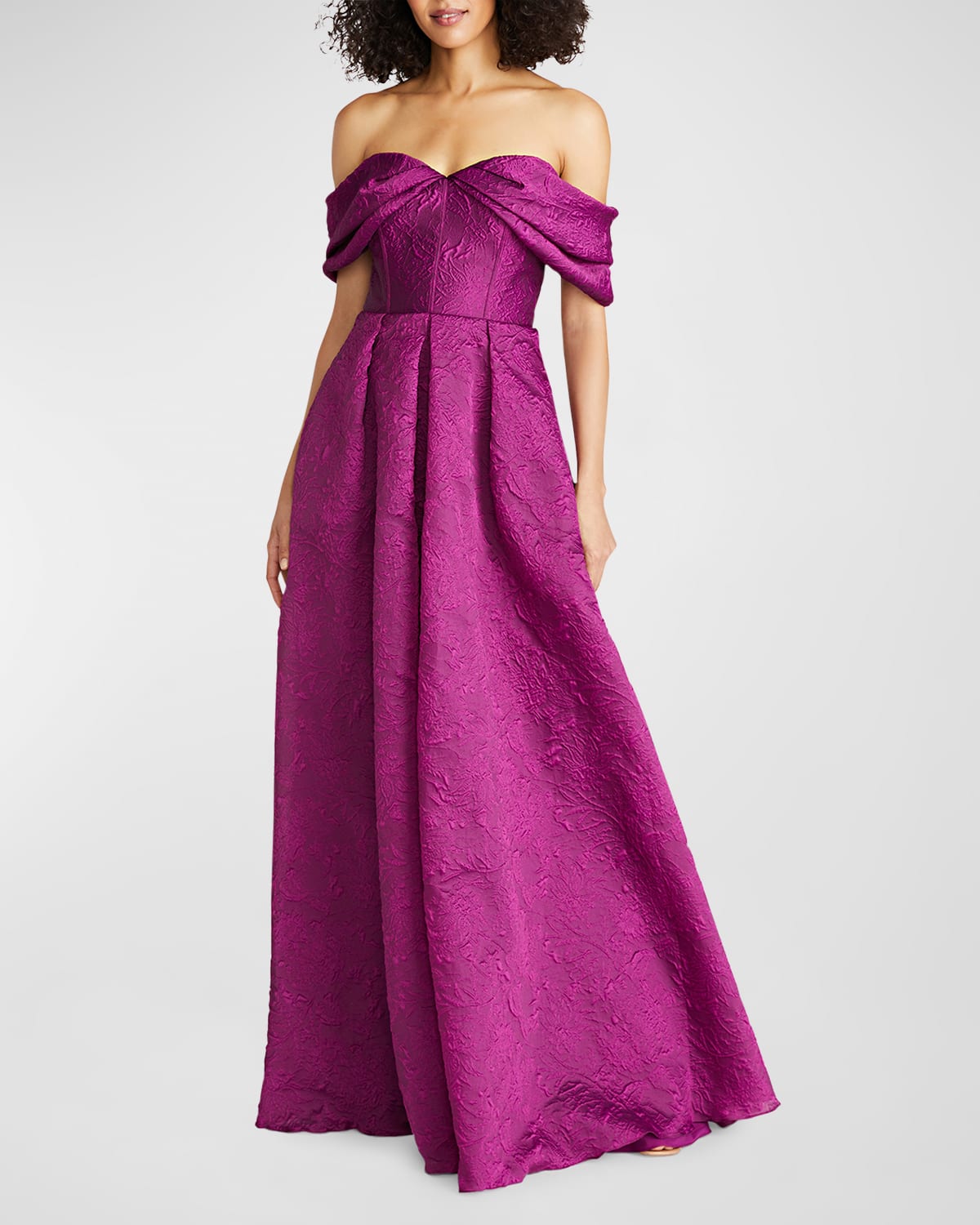 Shop Theia Joelle Off-shoulder Pleated Jacquard Gown In Deep Orchid