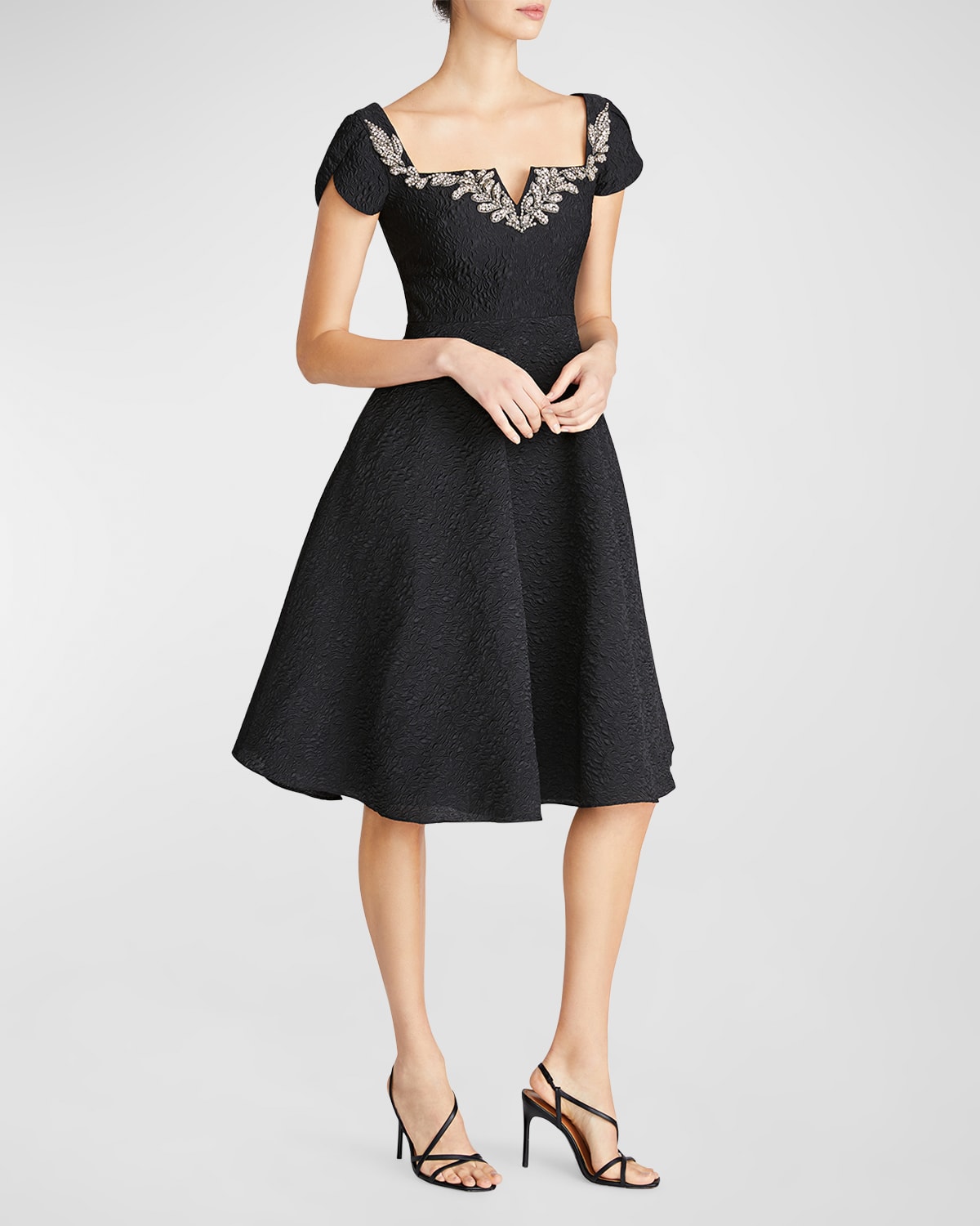 Shop Theia Milena Crystal Jacquard Midi Dress In Black