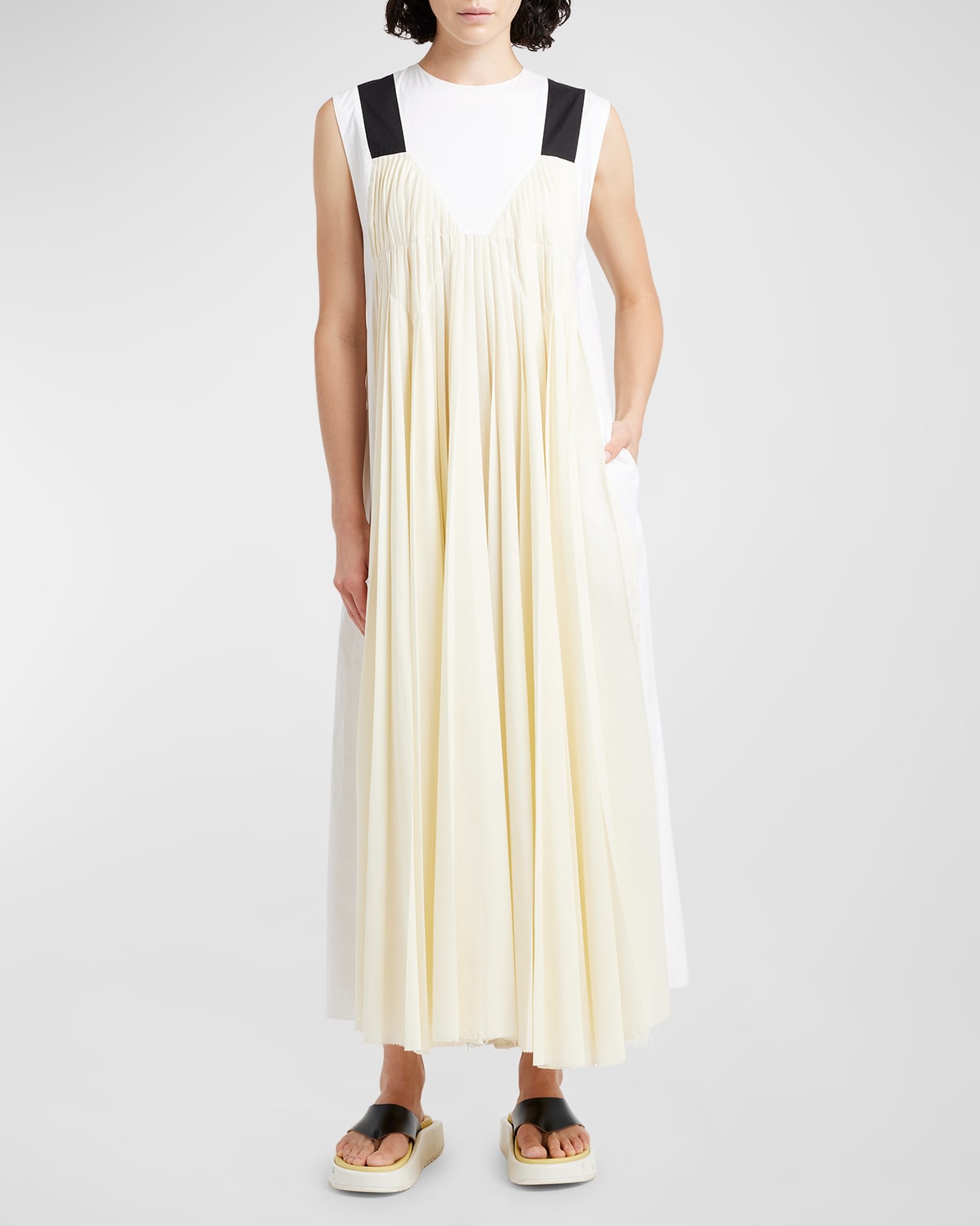 Shop Plan C Colorblock Pleated Maxi Dress In Butter