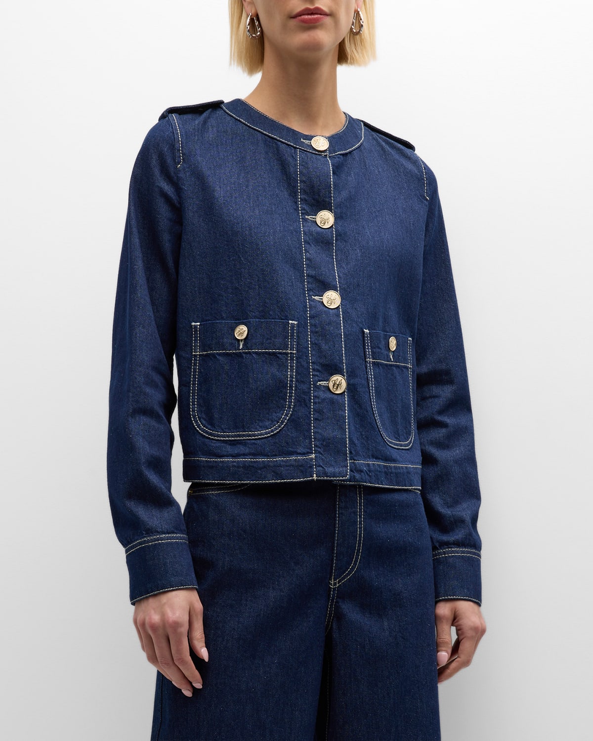 Shop Emporio Armani Topstitched Button-down Denim Jacket In Denim Blue
