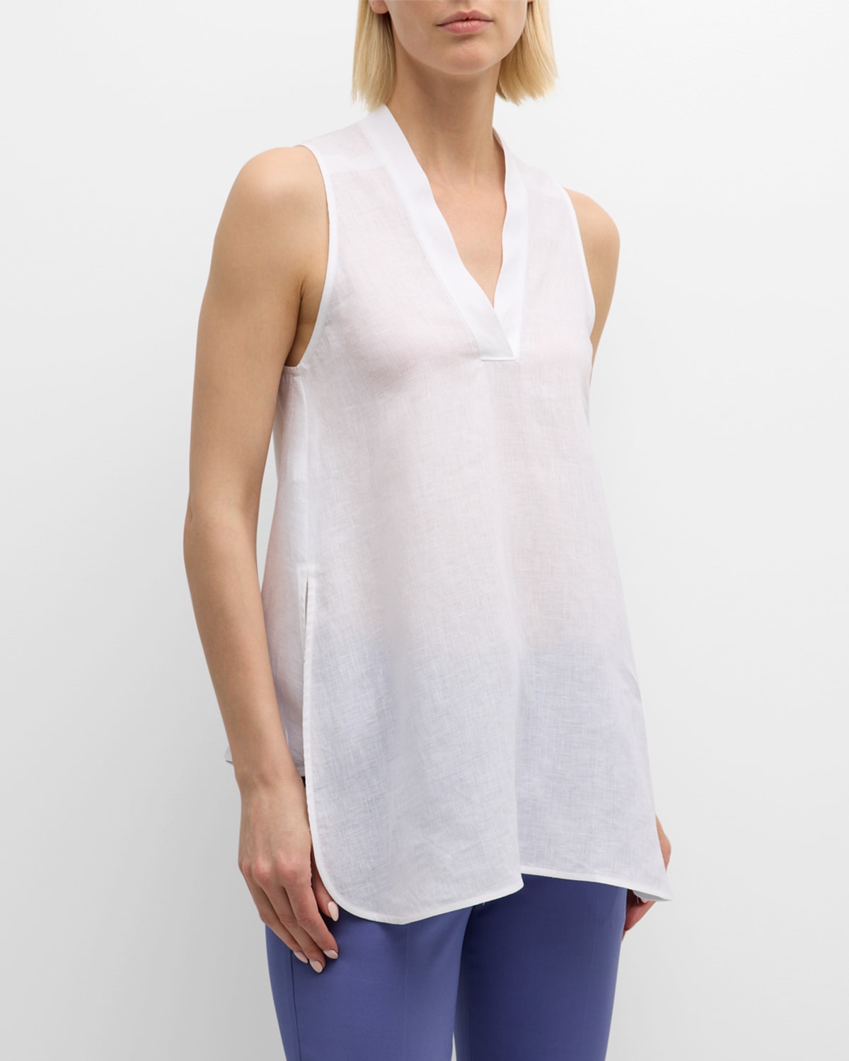 Shop Emporio Armani Sleeveless High-low Linen Blouse In White