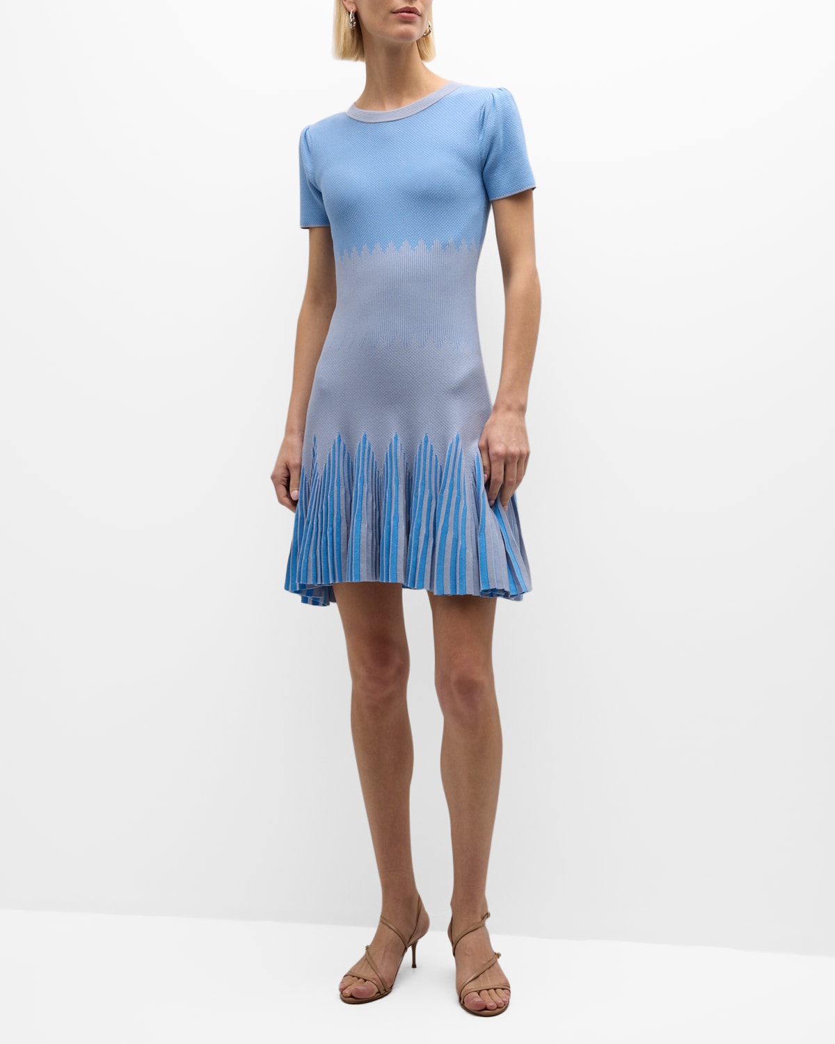 Shop Emporio Armani Geometric Jacquard-knit Godet Mini Dress In Sky Blue