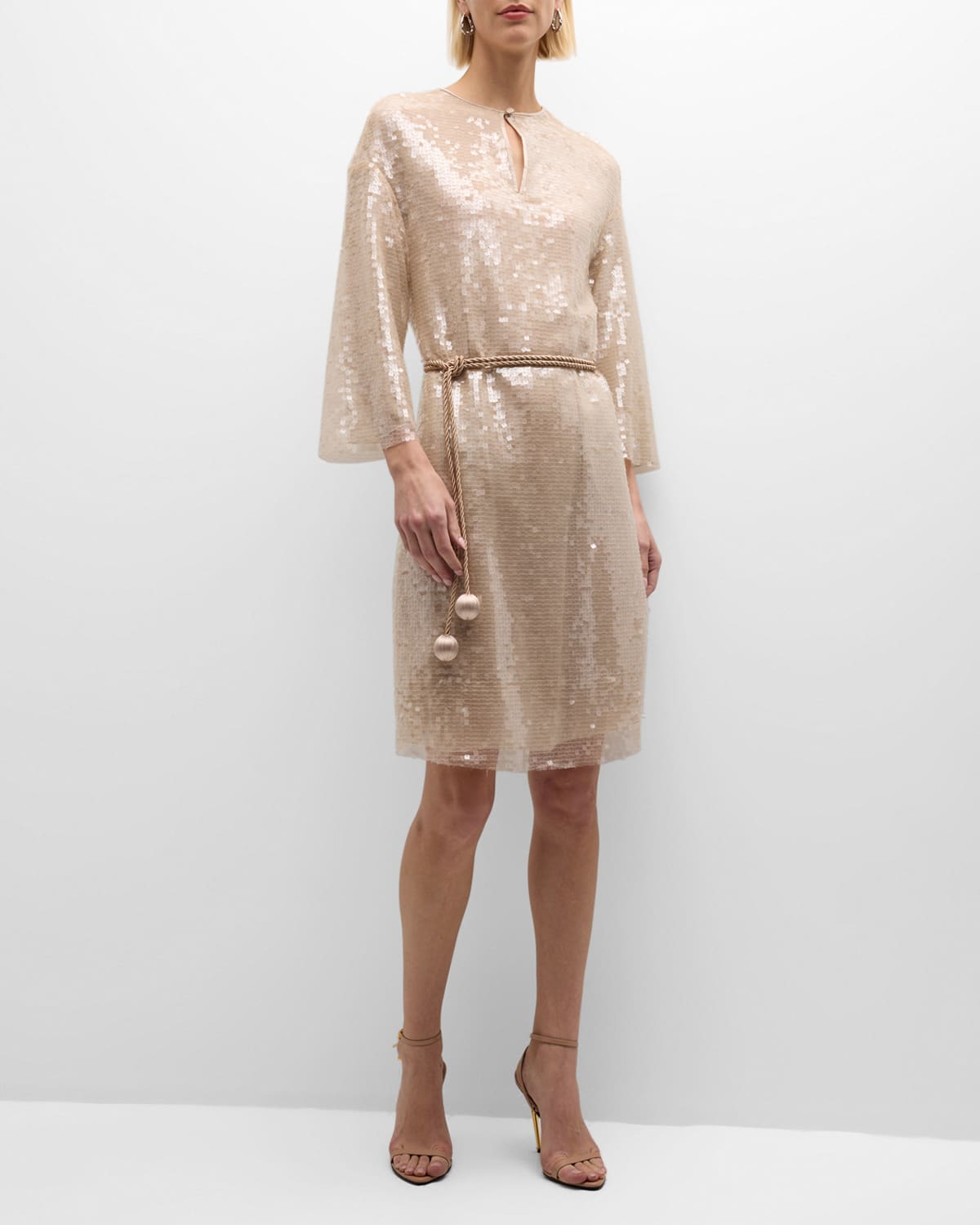 Shop Emporio Armani Belted Sequin Midi Shift Dress In Gold