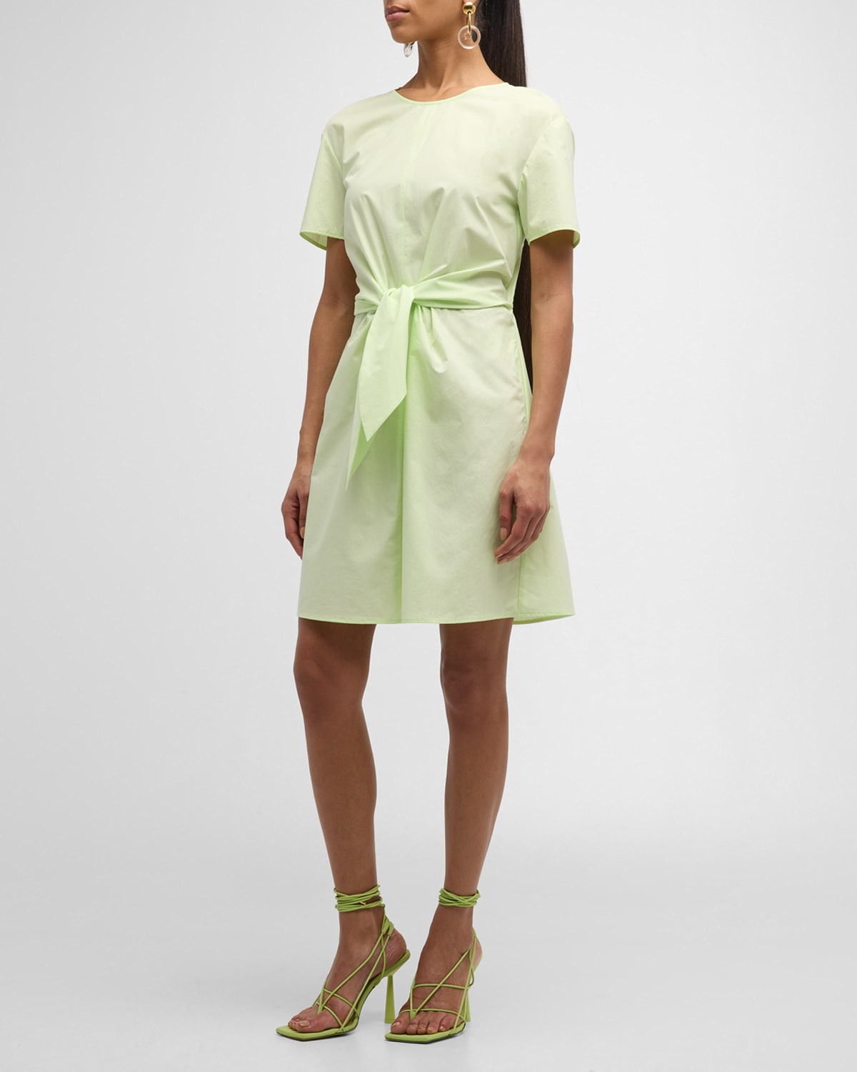 Shop Emporio Armani Tie-waist Cutout Cotton Poplin Midi Dress In Sunny Lime
