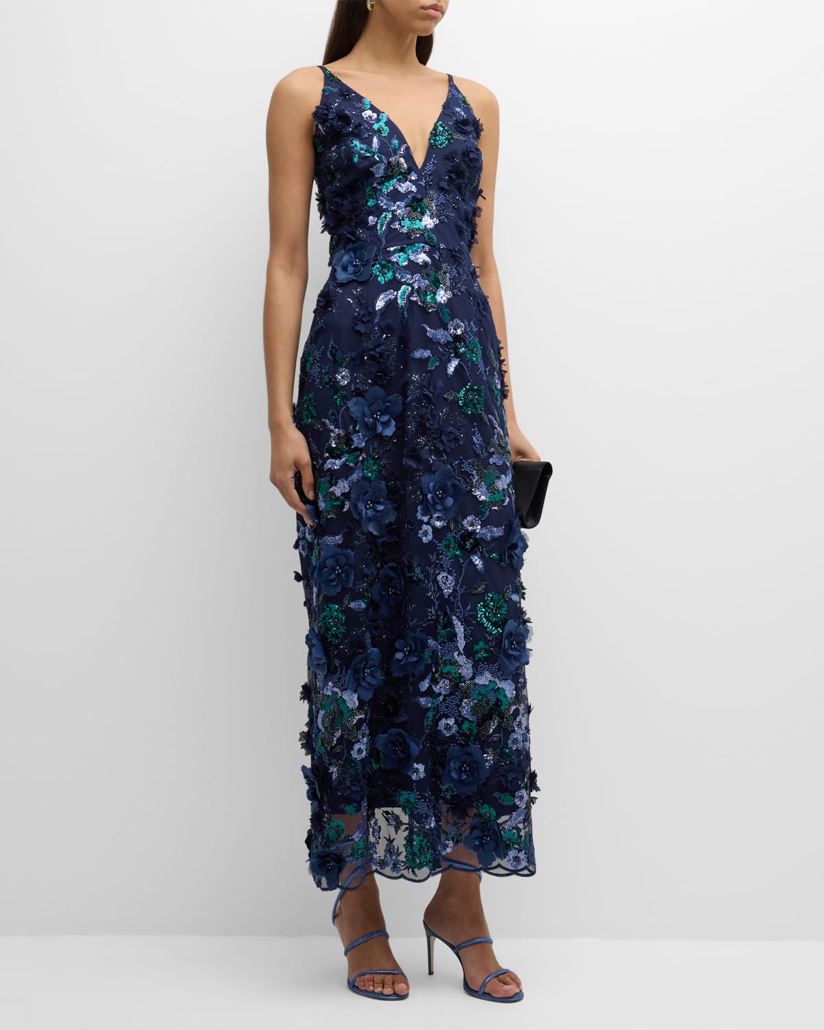 Nora Deep V-Neck Sequin & Applique Midi Dress