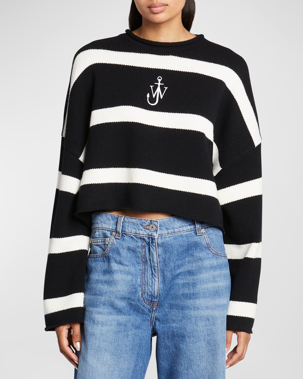 Shop Jw Anderson Anchor Logo Striped Crop Cashmere Sweater In Blackwhite