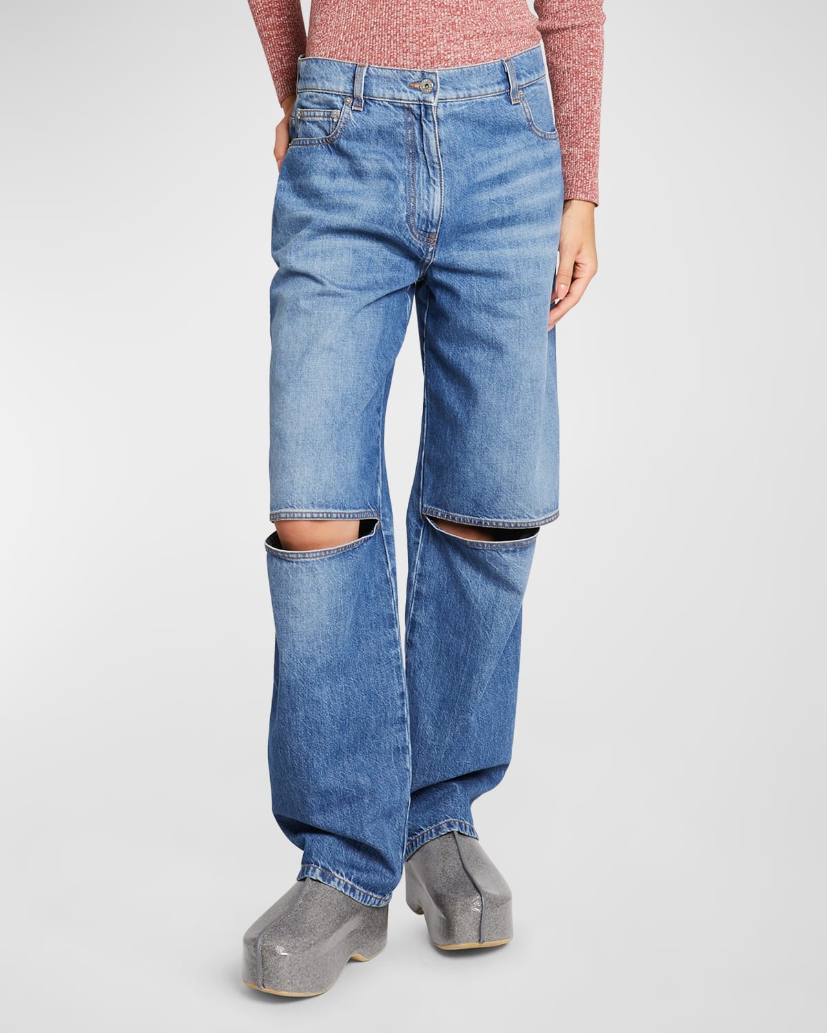 Shop Jw Anderson Mid-rise Cutout-knee Bootcut-leg Jeans In Light Blue