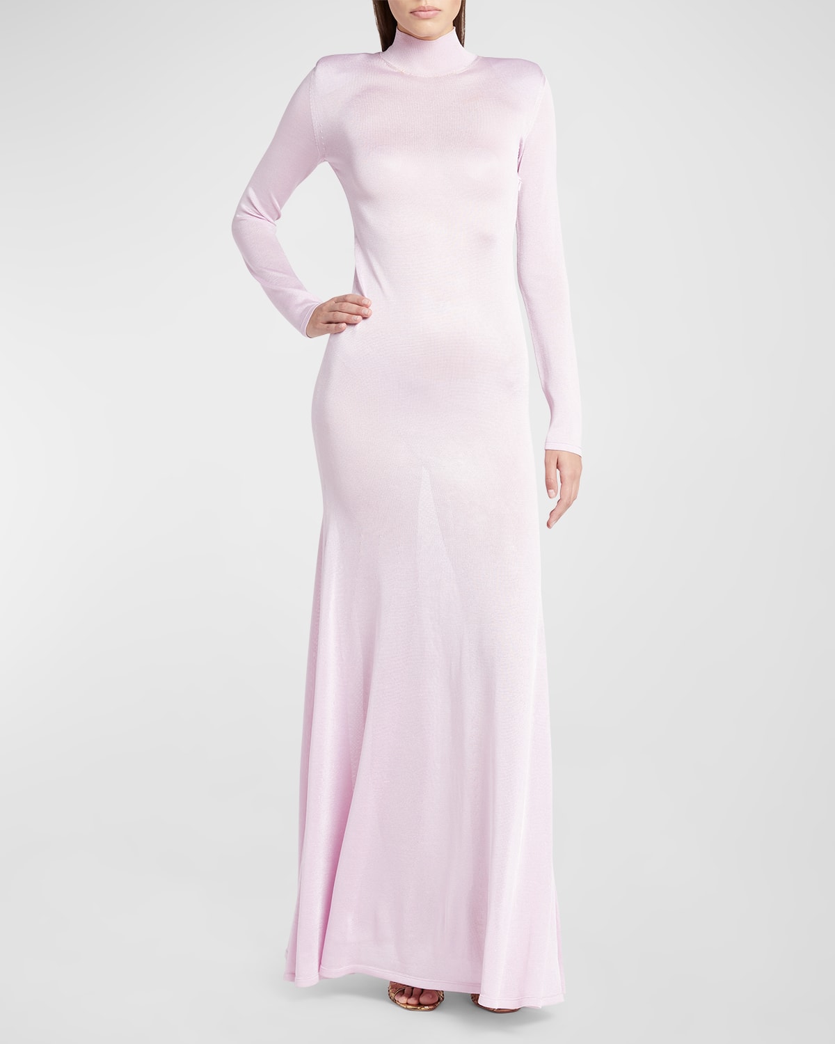 Tom Ford Turtleneck Strong-shoulder Long-sleeve Slinky Jersey Maxi Dress In Fuxia