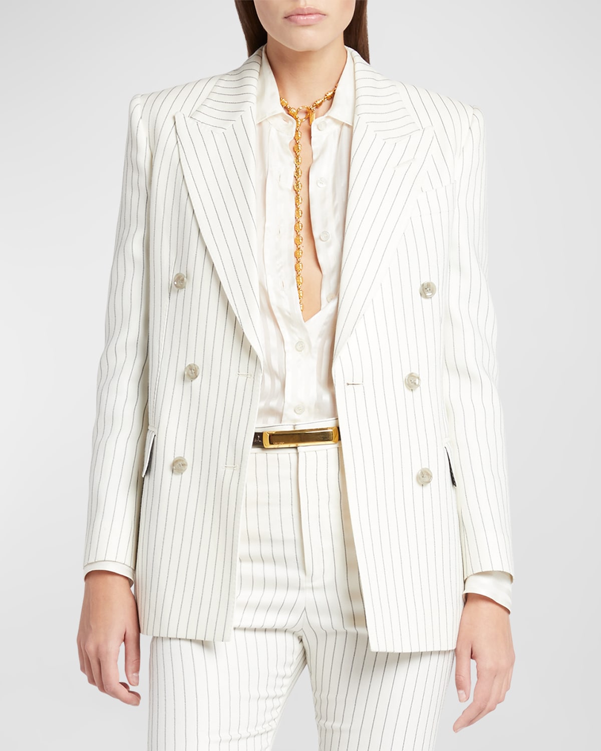 Shop Tom Ford Pinstripe Double-breasted Blazer Jacket In Ecrublack