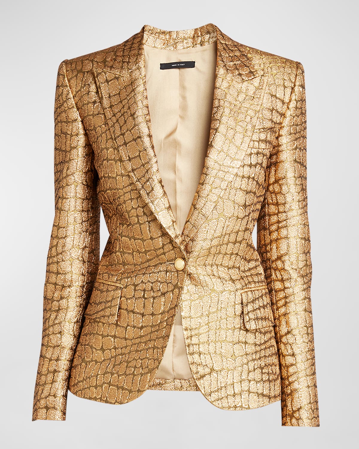 Shop Tom Ford Metallic Croc-jacquard Single-breasted Blazer Jacket In Gold