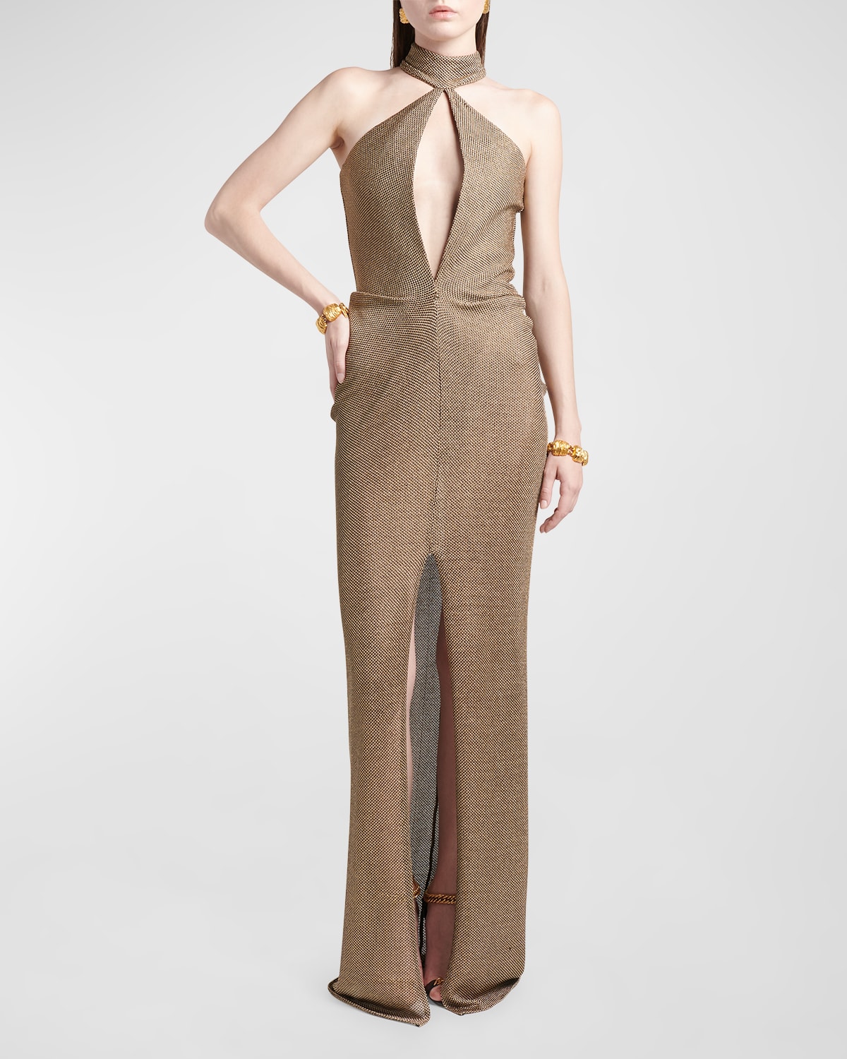 Tom Ford Cutout Mock-neck Halter Metallic Honeycomb Evening Gown In Gold