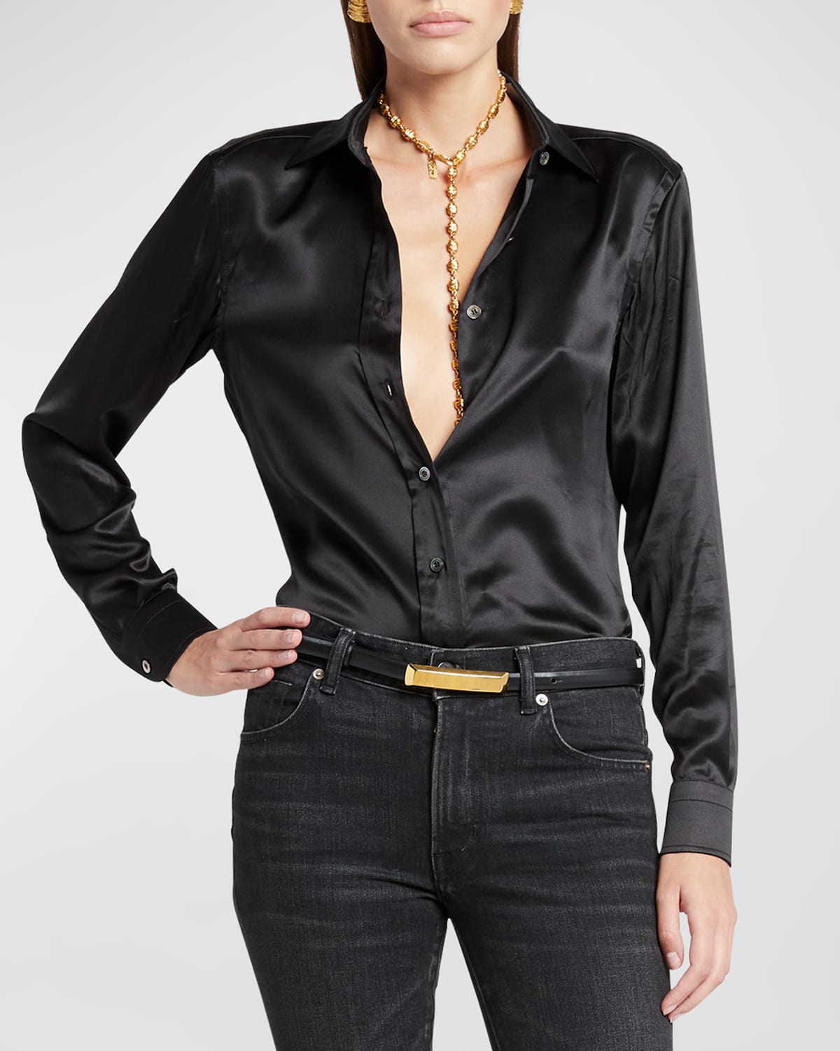Shop Tom Ford Button Up Silk Satin Shirt In Black
