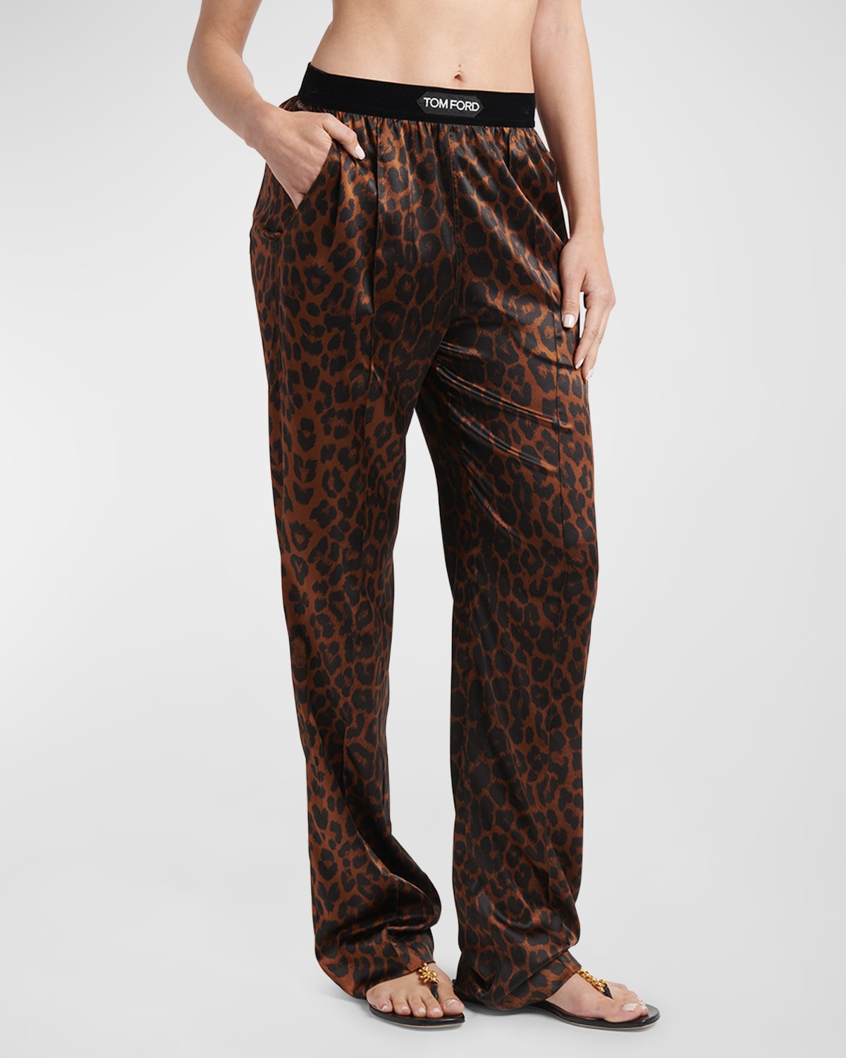 Shop Tom Ford Reflected Leopard Print Silk Signature Pajama Pants In Camel