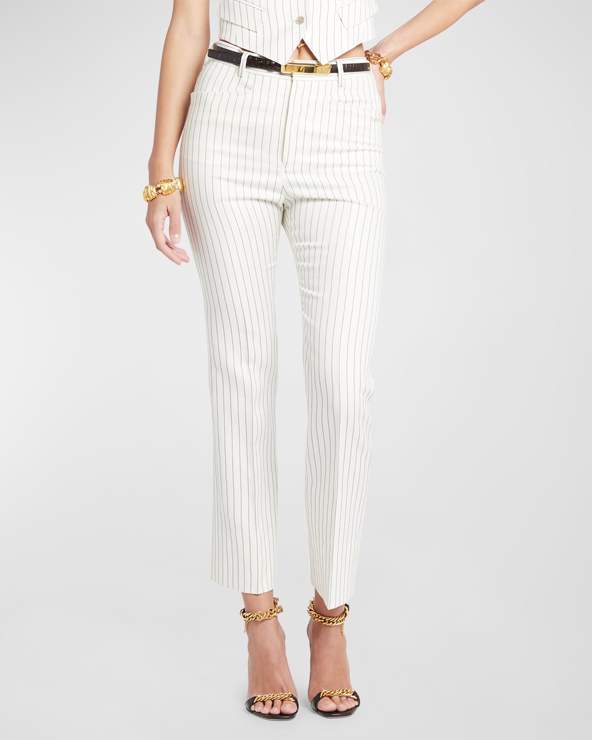 Shop Tom Ford Mid-rise Pinstripe Straight-leg Ankle Tailored Pants In Ecrublack