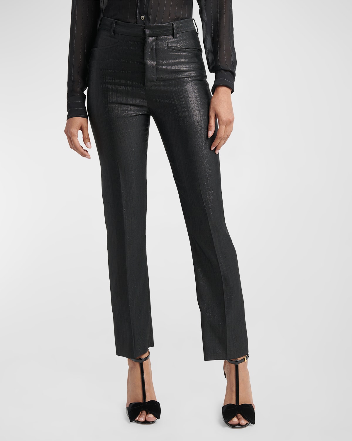 Shop Tom Ford Mid-rise Broken Metallic Straight-leg Ankle Tailored Pants In Black