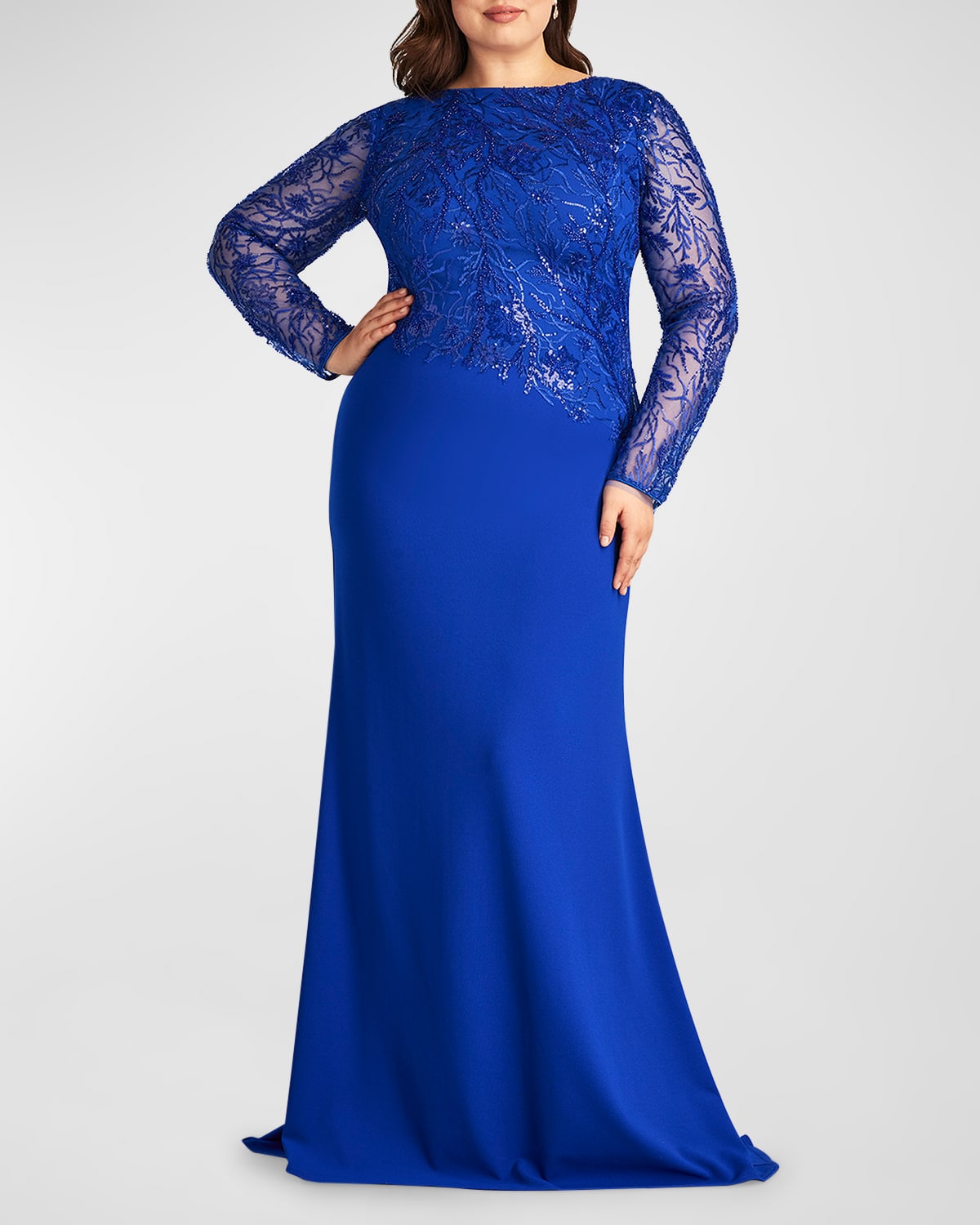 Shop Tadashi Shoji Plus Size Sequin Embroidered Crepe Trumpet Gown In Mystic Blue