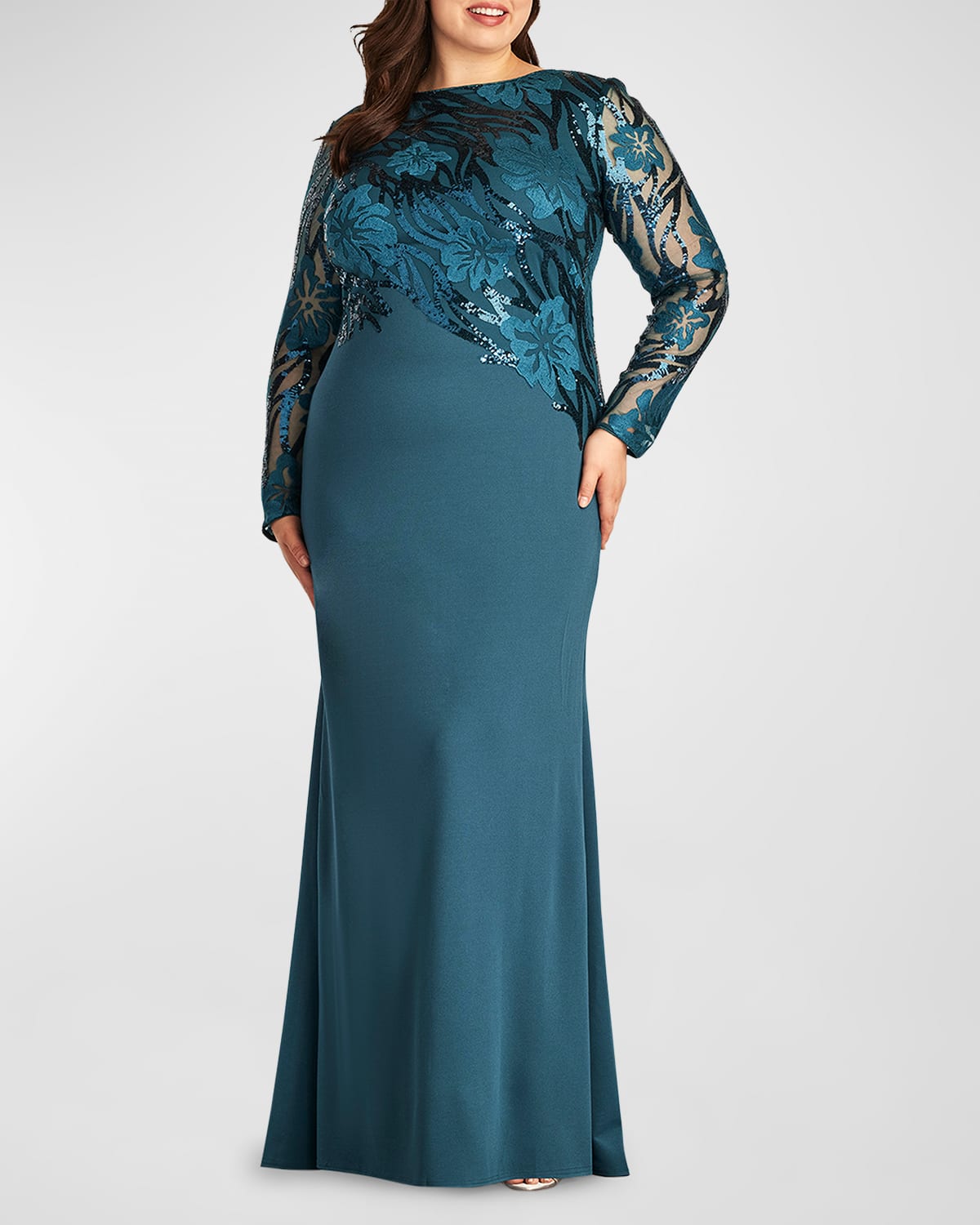 Shop Tadashi Shoji Plus Size Sequin Embroidered Crepe Column Gown In Eclipse