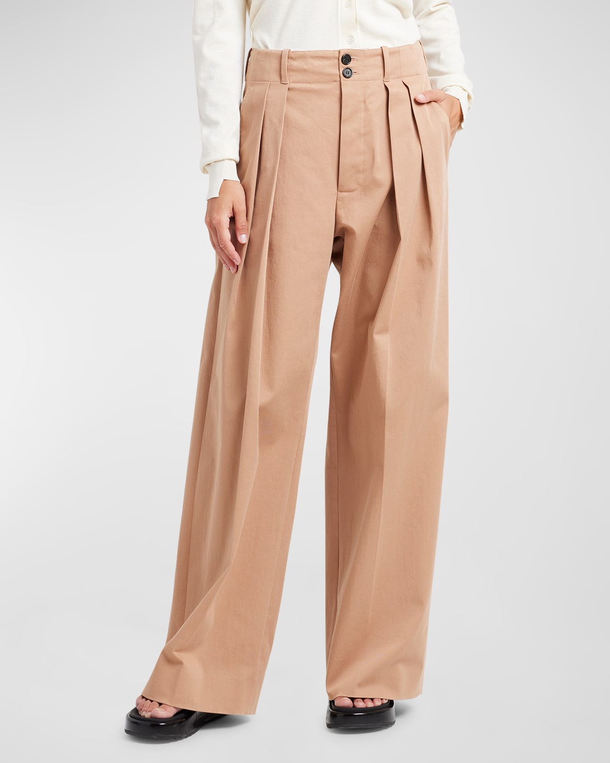 Shop Plan C Mid-rise Double-pleated Straight-leg Trousers In Caramel
