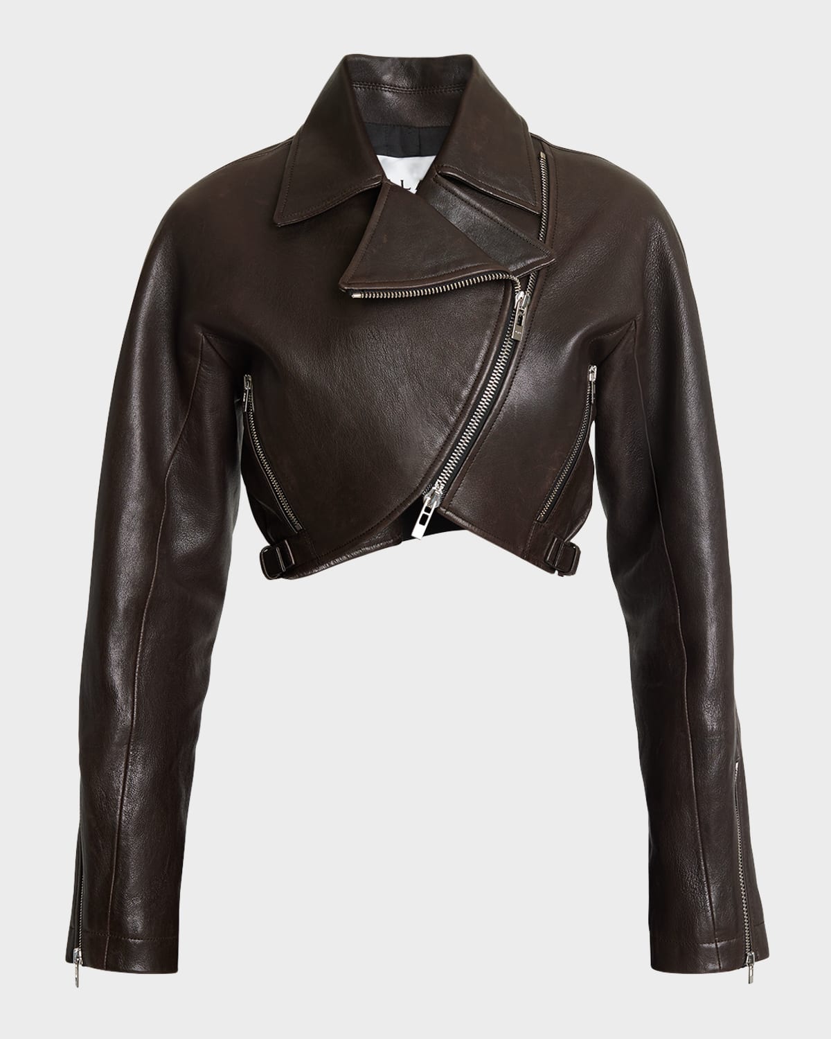 Shop Alaïa Leather Crop Biker Jacket In Ebene