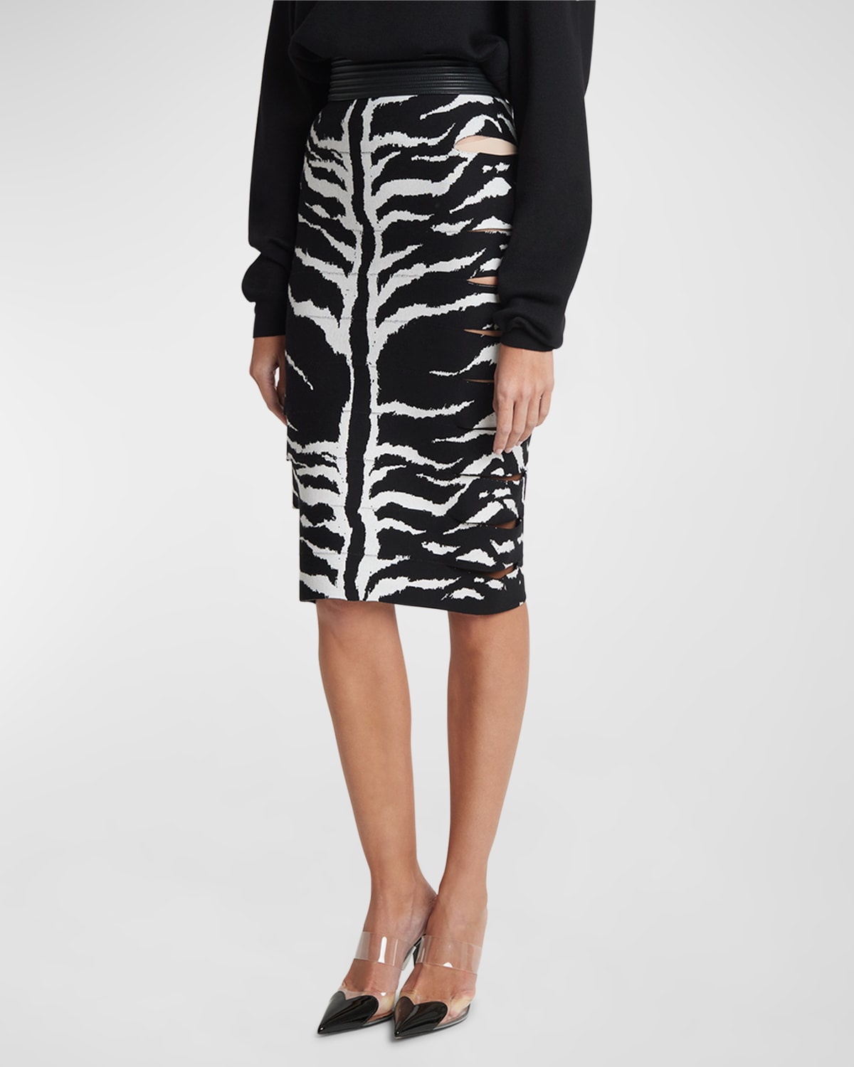 Shop Alaïa Zebra-print Pencil Skirt With Cutout Detail In Blancnoir