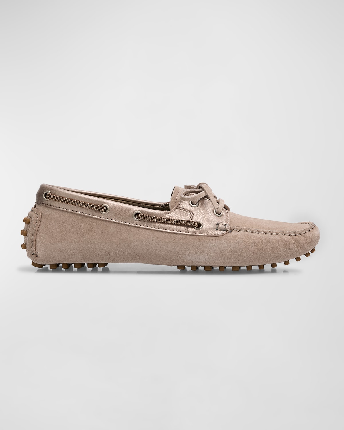 Brunello Cucinelli Suede Metallic Slip-on Driver Loafers In C8795 Light Brown