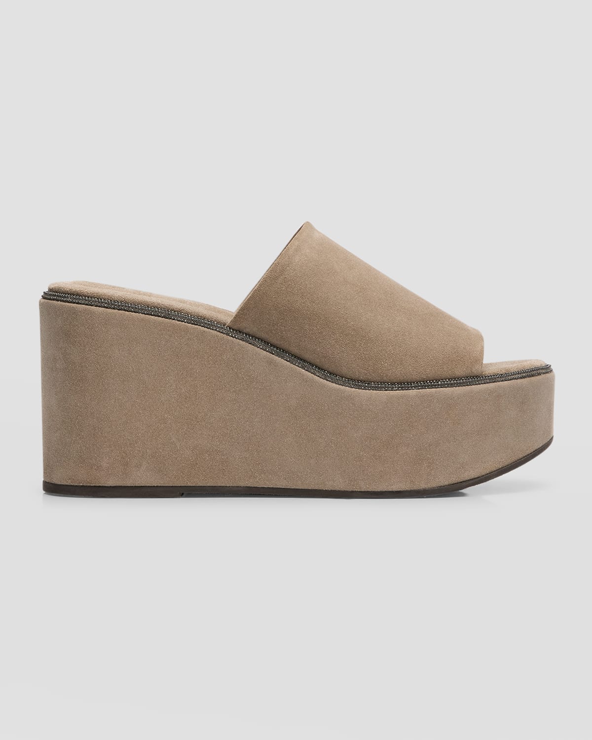 Shop Brunello Cucinelli Suede Slide Wedge Platform Sandals In C5859 Beige