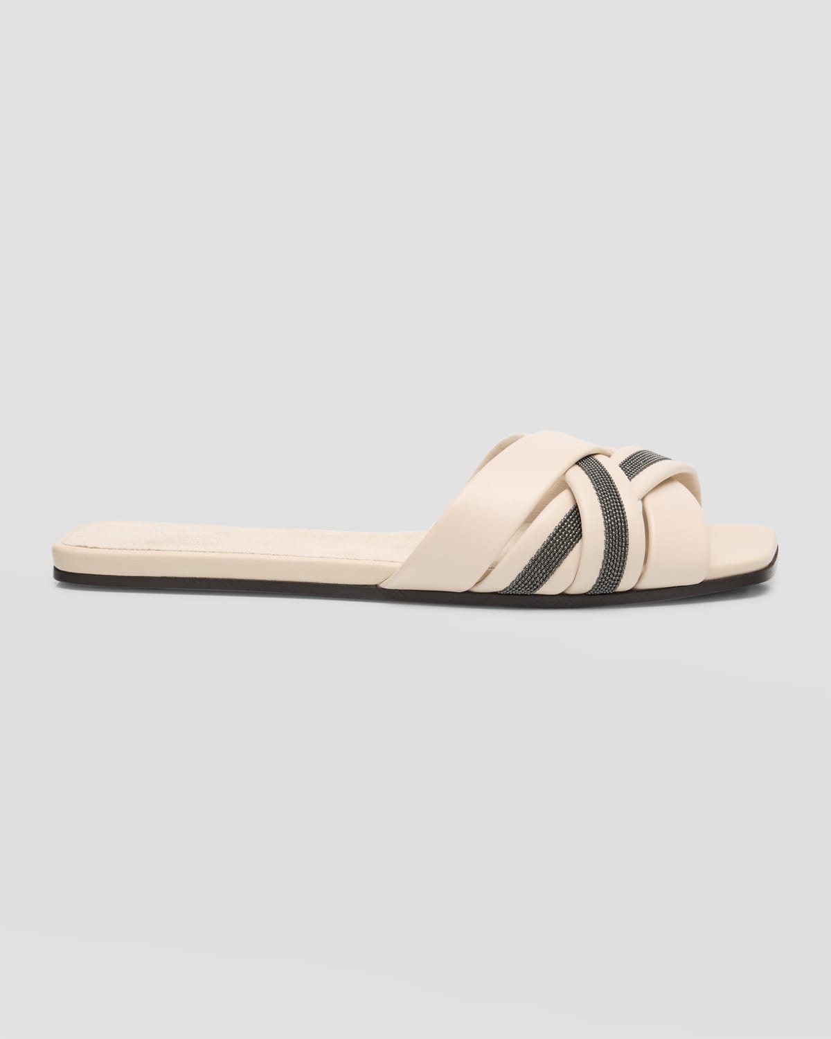 Shop Brunello Cucinelli Leather Monili Flat Slide Sandals In Cqf25 Ivory