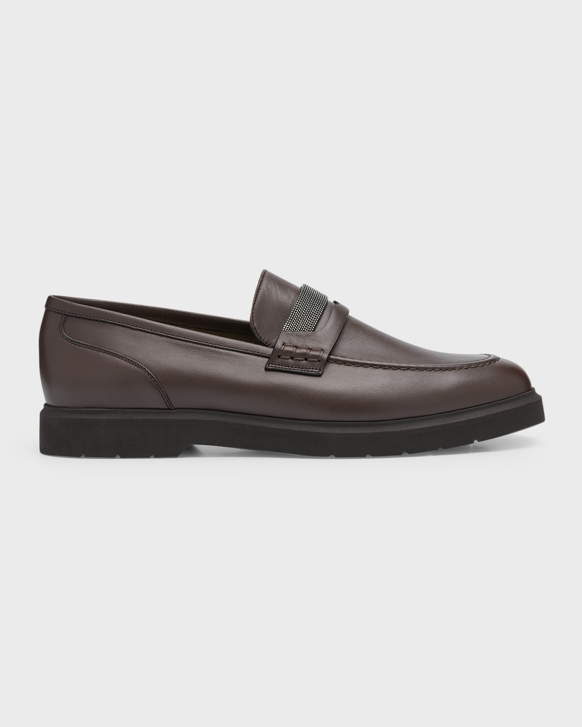 Brunello Cucinelli Leather Monili Penny Loafers In Brown