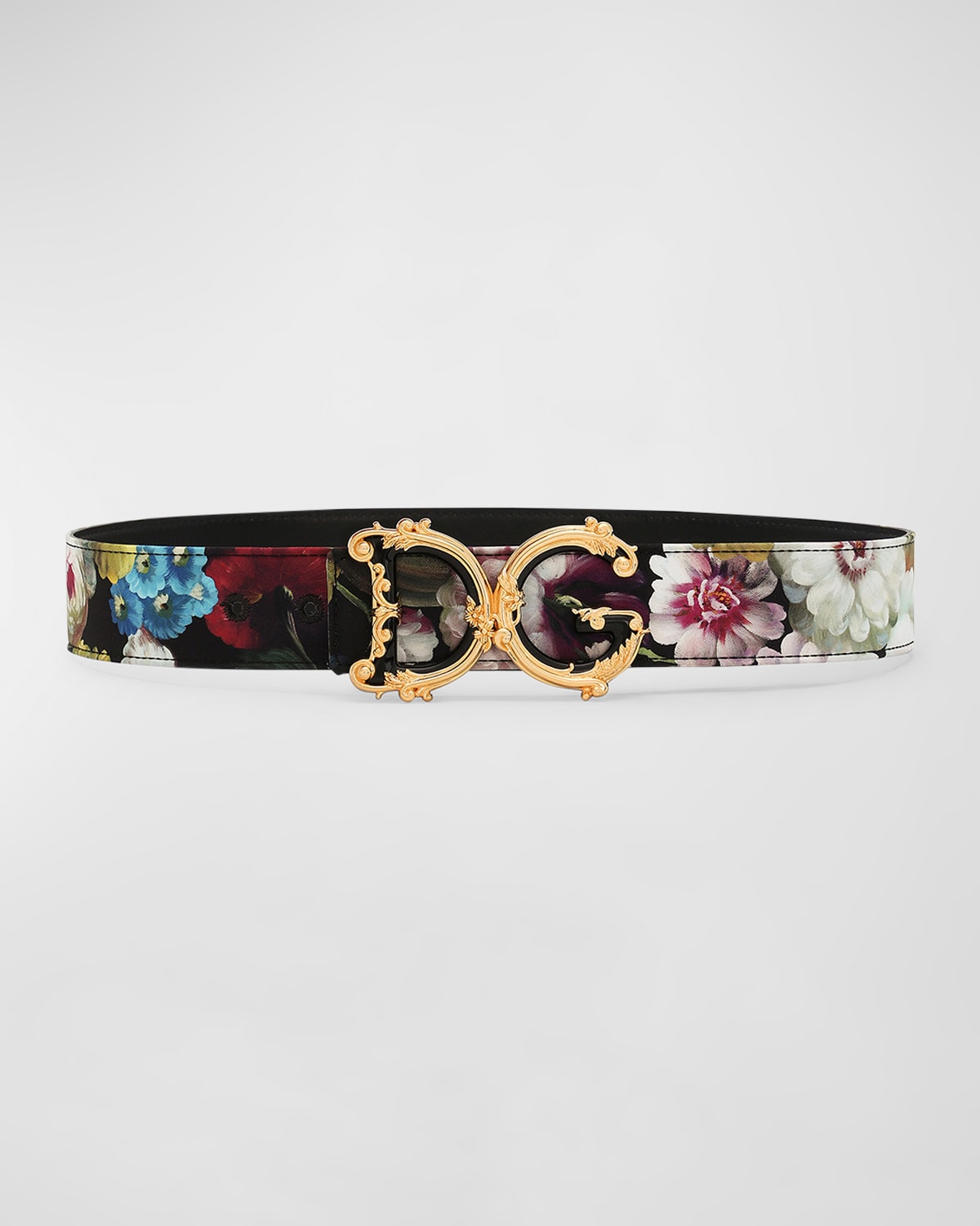 DOLCE & GABBANA CHARMEUSE FLORAL MIXED-MEDIA BELT WITH BAROQUE DG BUCKLE