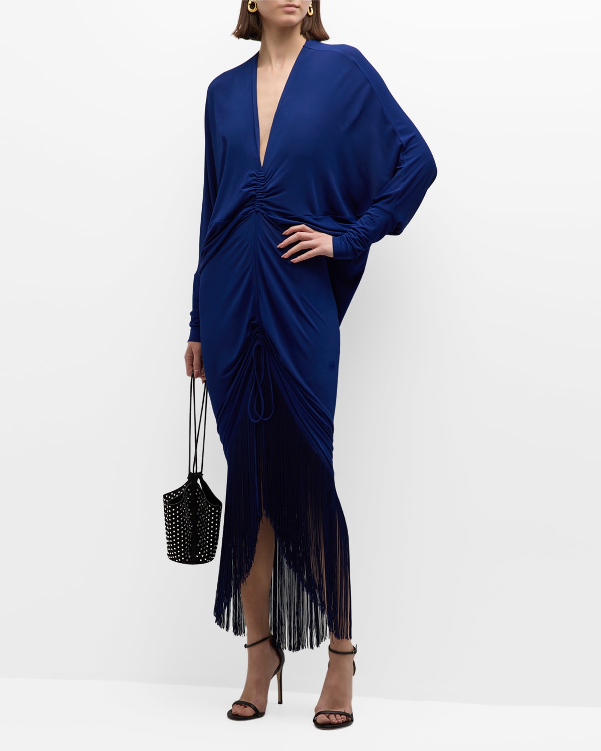Silvia Tcherassi Rosalyn Ruched Maxi Dress With Fringe Trim In Navy