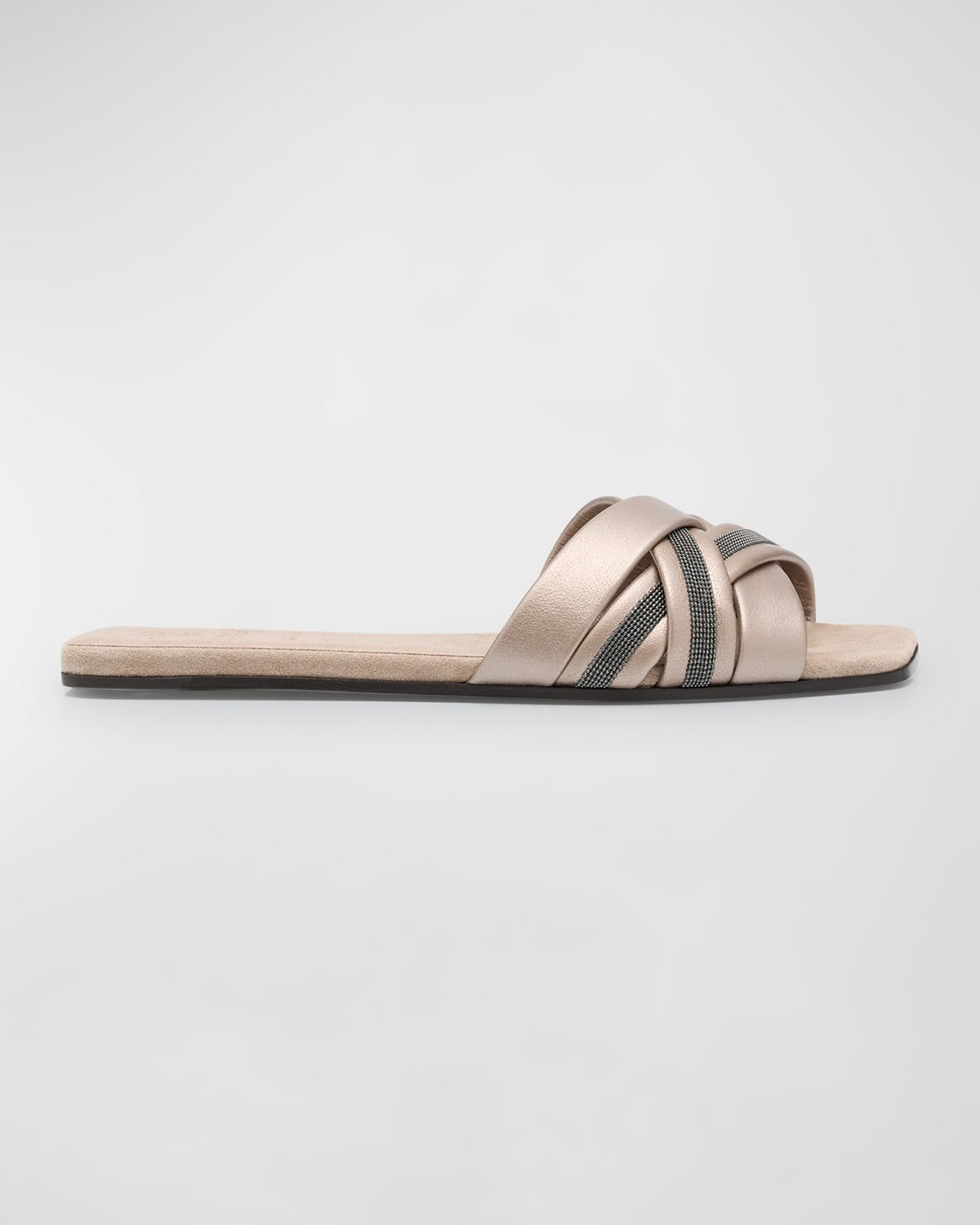 Shop Brunello Cucinelli Metallic Leather Crisscross Slide Sandals In C9104 Pearl