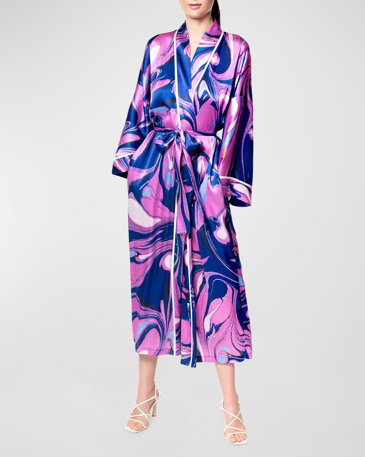 Corfu Marble-Print Kimono-Sleeve Silk Robe