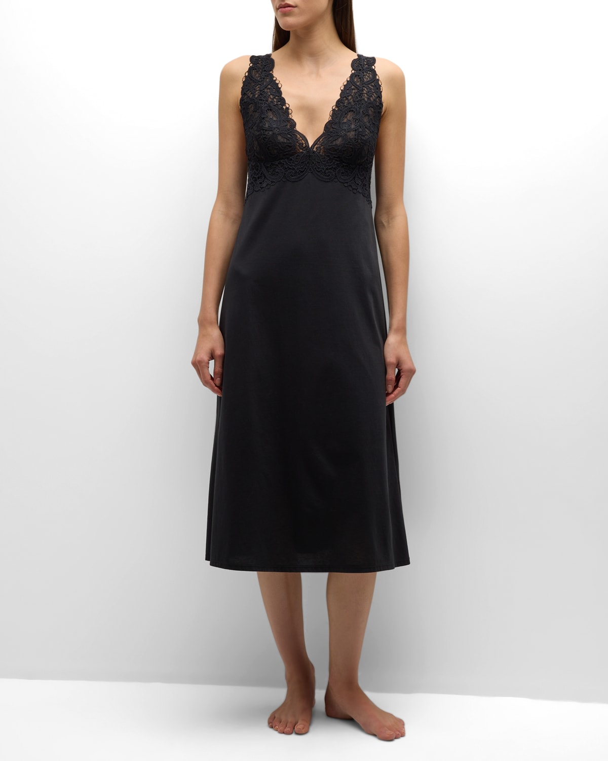 Natori Bliss Harmony Lace-trim Cotton Nightgown In Black