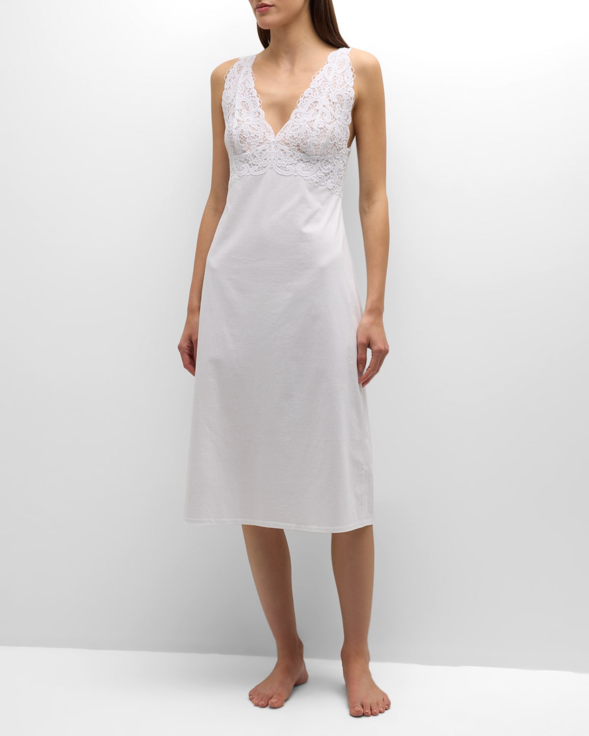 Natori Bliss Harmony Lace-trim Cotton Nightgown In White