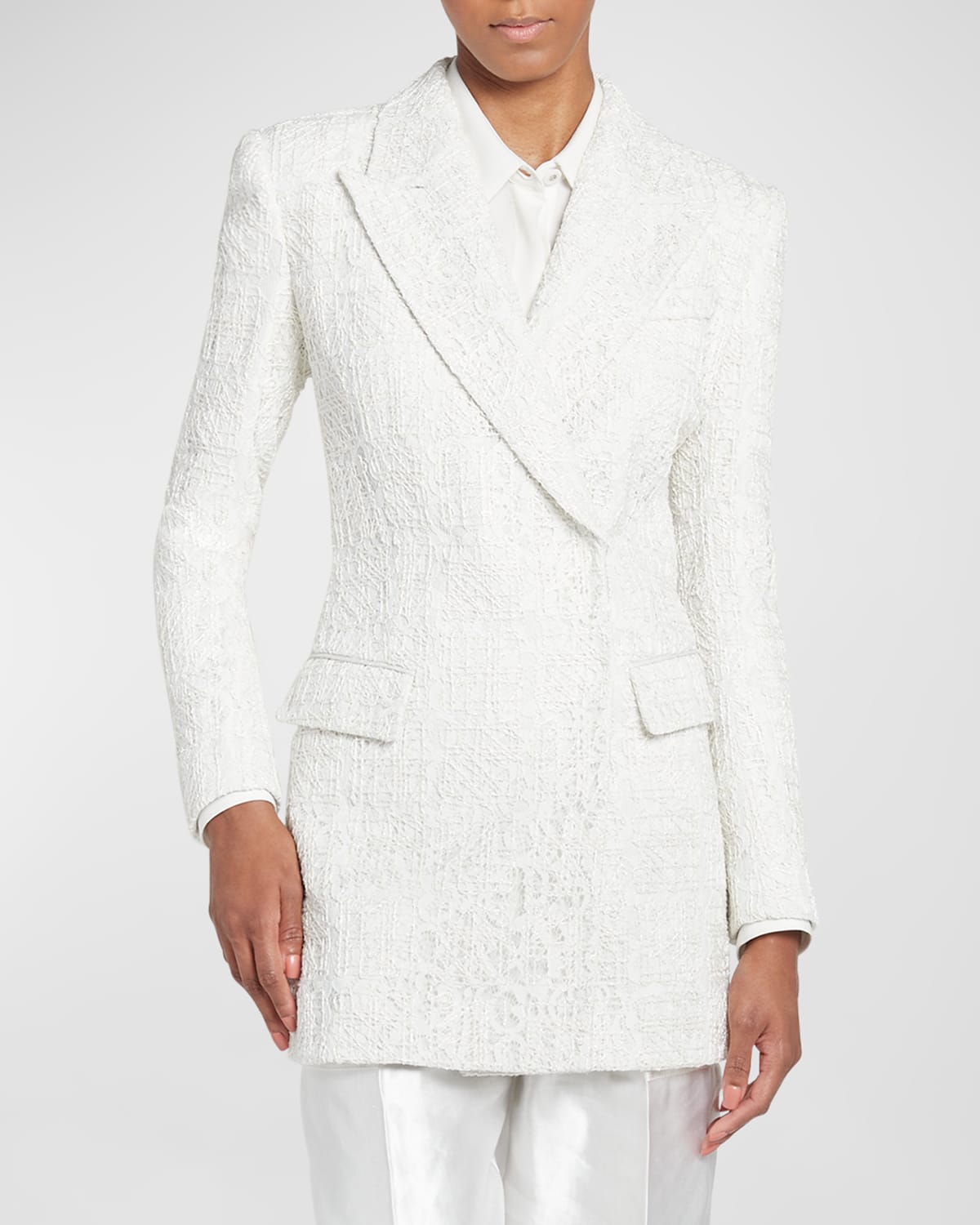 Shop Giorgio Armani Broderie Cordonnet Lace Tailored Jacket In Solid White