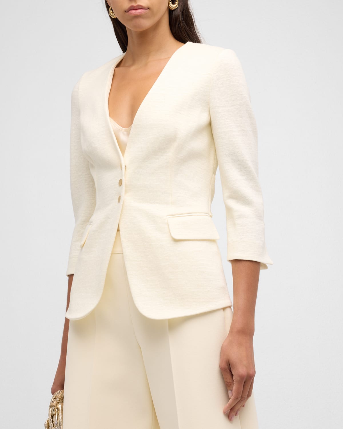 Shop Giorgio Armani Snap Button Three-quarter-sleeve Viscose Blazer In Solid White