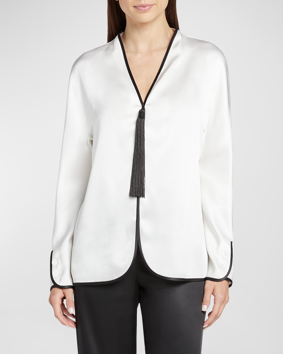 Shop Giorgio Armani Tassel Silk Blouse With Contrast Tipping In Solid White