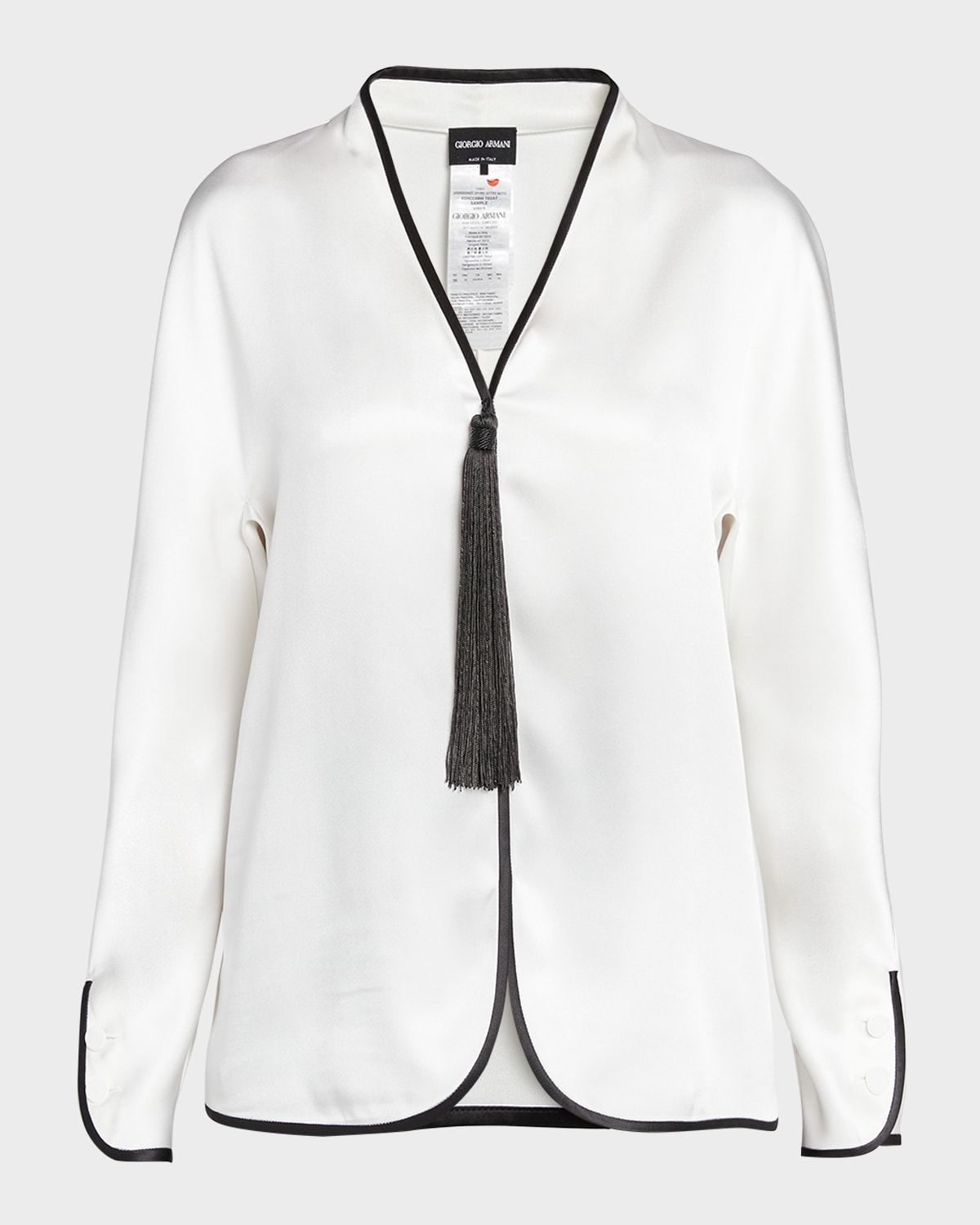 Shop Giorgio Armani Tassel Silk Blouse With Contrast Tipping In Solid White