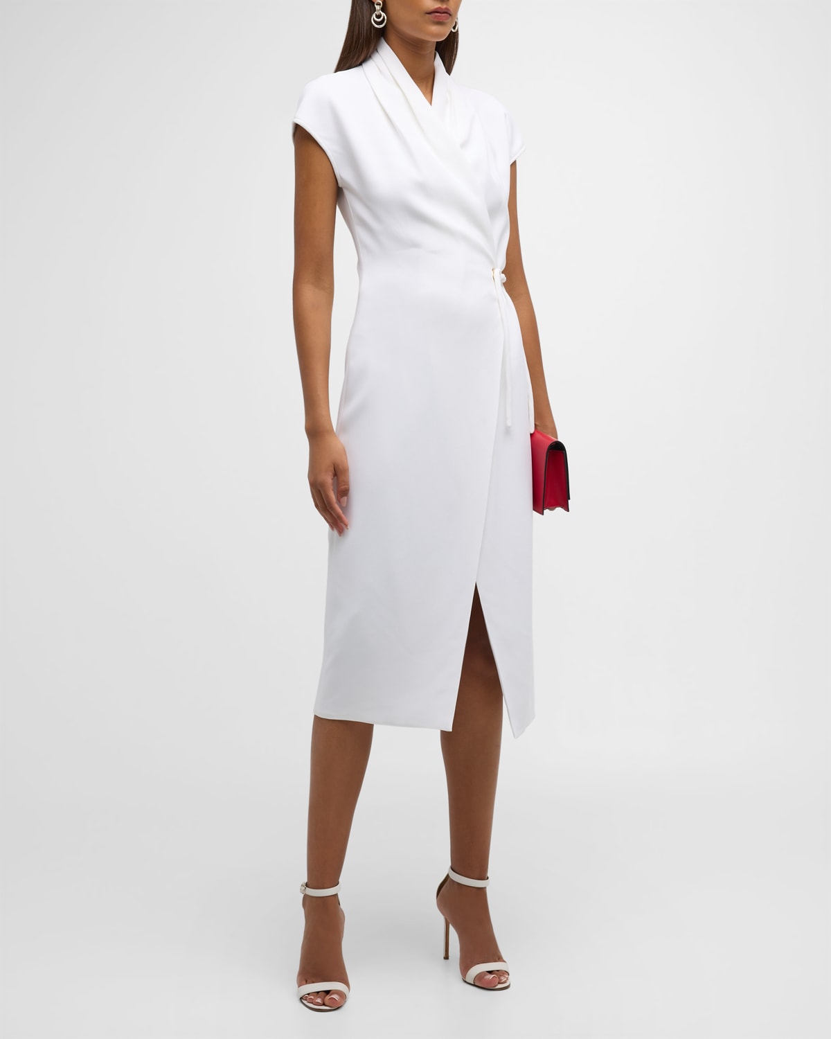 Giorgio Armani Silk Wrap Midi Dress With Tie Detail In Solid White