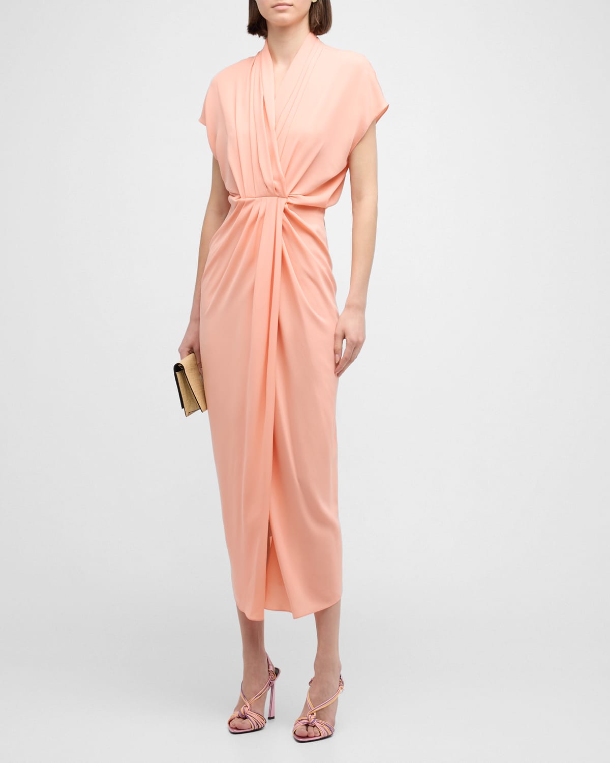 Shop Giorgio Armani Gathered Silk Draped Midi Dress In Peach