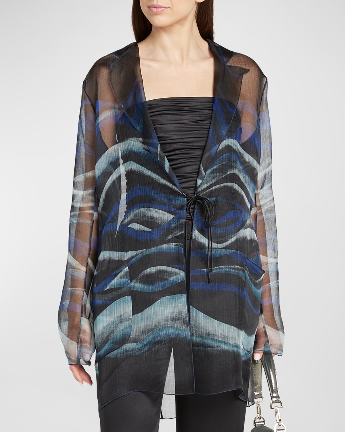 Shop Giorgio Armani Night Water Print Self-tie Silk Blouse Jacket In Solid Black