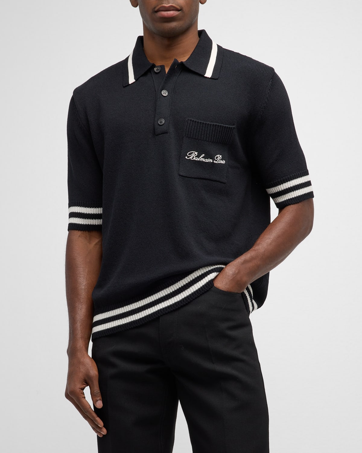 Shop Balmain Men's Striped-trim Polo Shirt In Black/natural