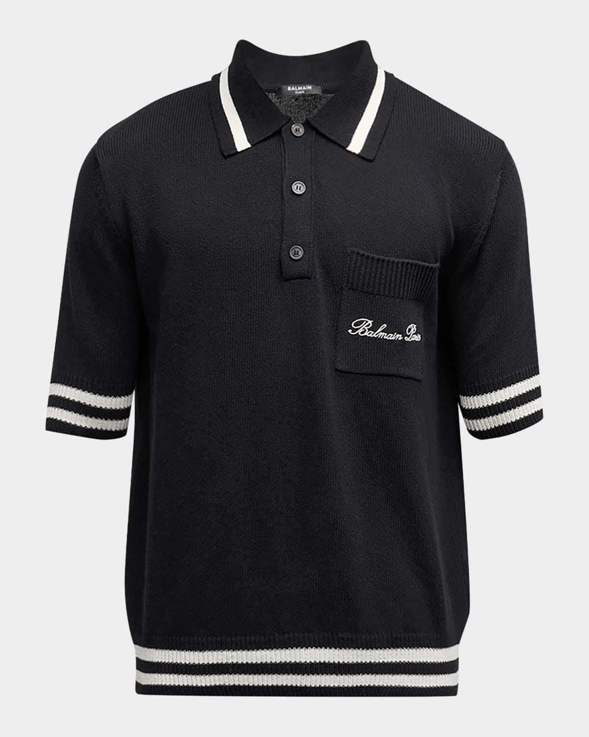 Shop Balmain Men's Striped-trim Polo Shirt In Black/natural