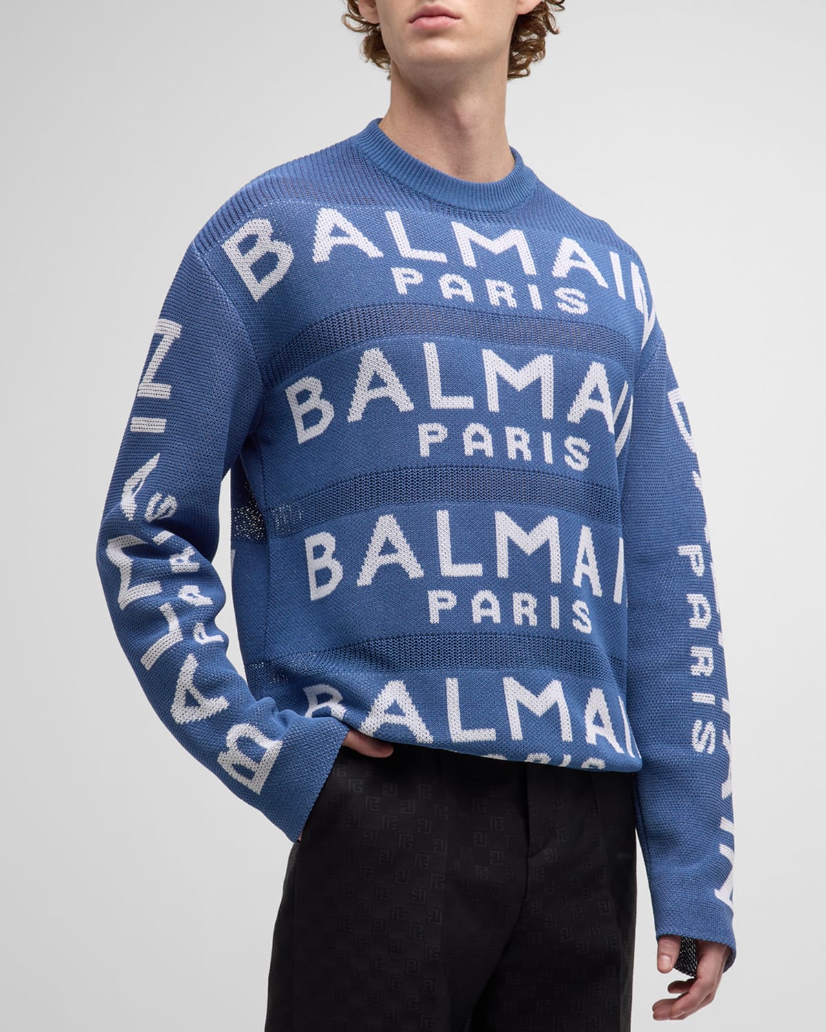 Shop Balmain Men's Repeat-logo Crew Sweater In Pale Blue/white