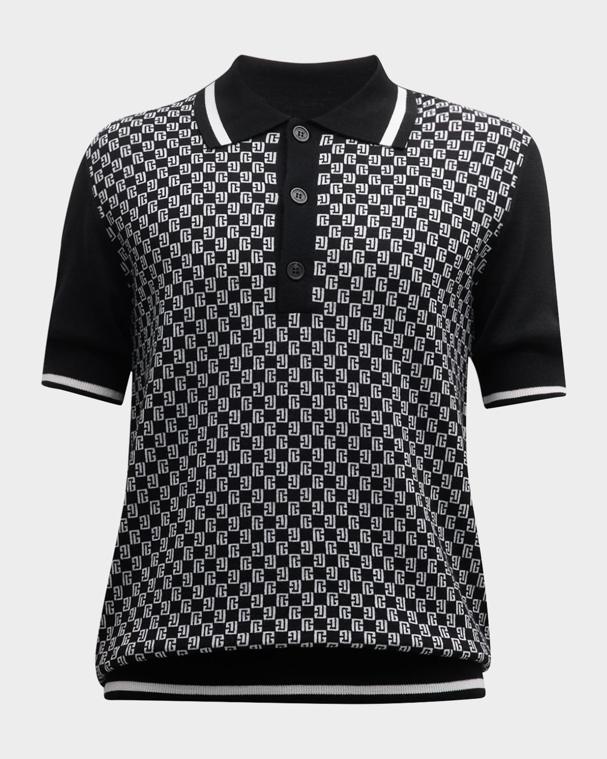 Balmain Monogram Jacquard Merino Wool Polo Sweater In Black